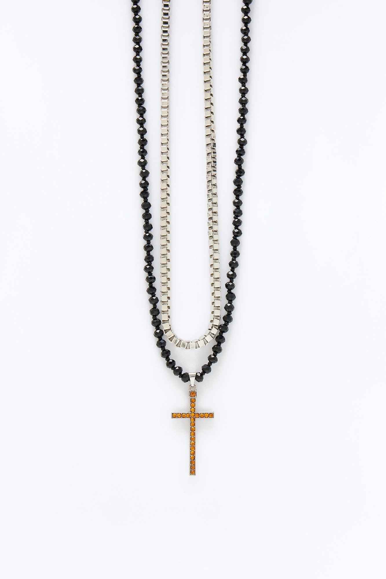 Layered Beaded Cross Pendant Necklace Set - Silver/Multi Fashion Nova