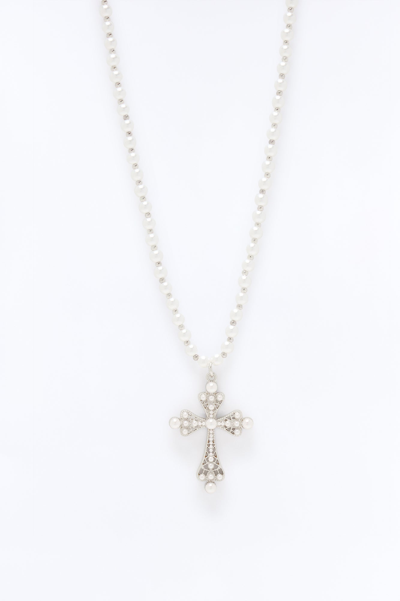 Rosary Pearl Cross Pendant Necklace - Silver Fashion Nova