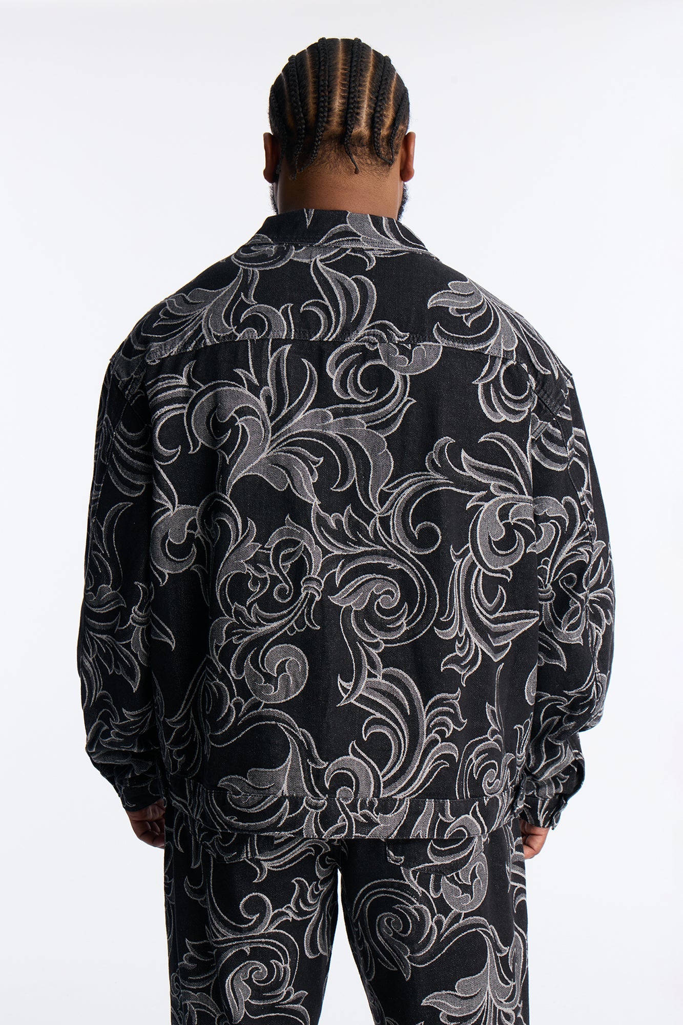 Relaxed Cropped Baroque Jacquard Denim Jacket - Black Wash Fashion Nova
