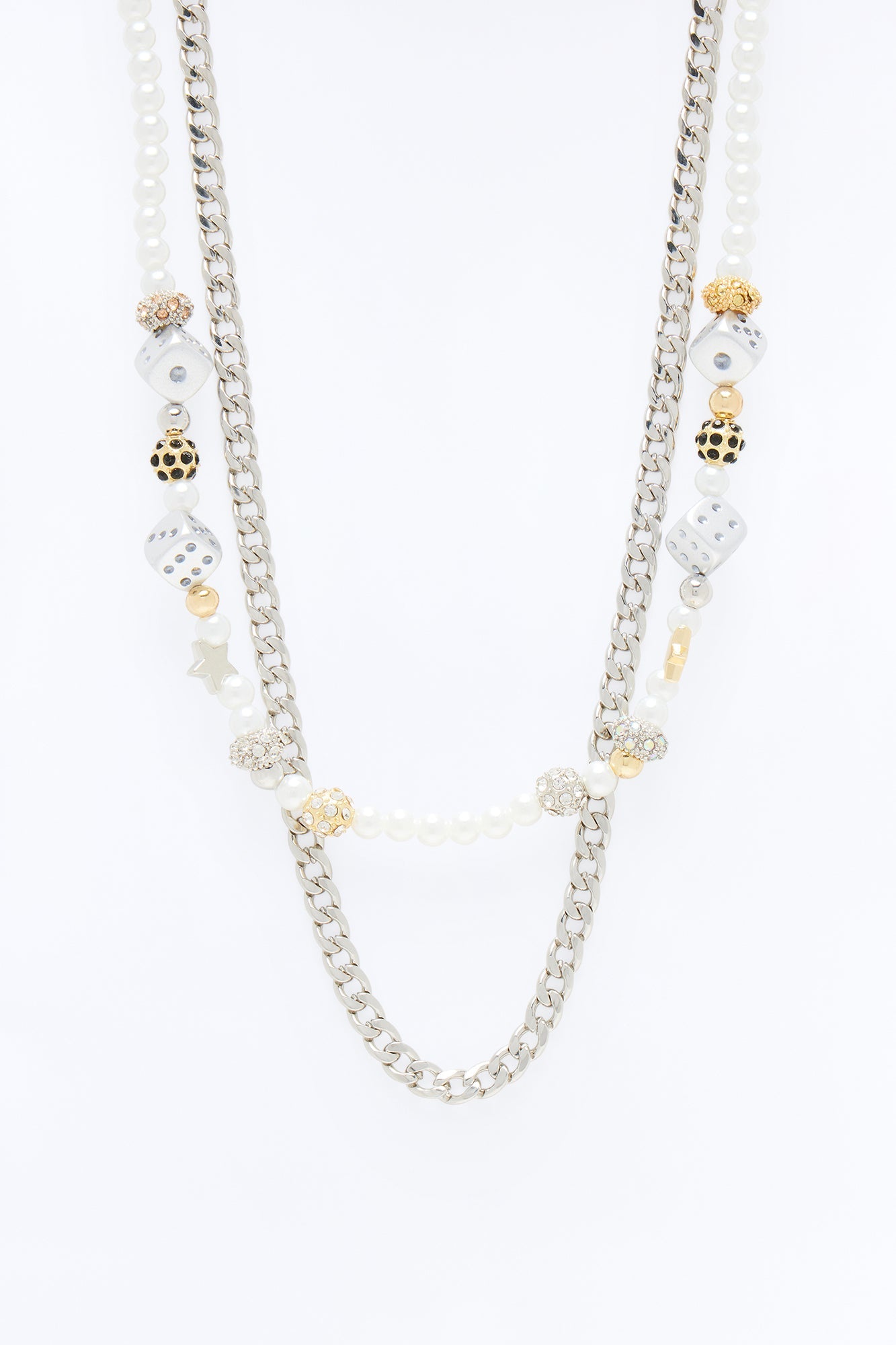 Solid Star Pearl Charm And Cuban Necklace Set - Silver Fashion Nova