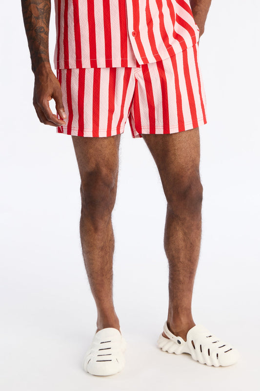 Striped Party Seersucker Swim Trunk 6″ - Red Fashion Nova