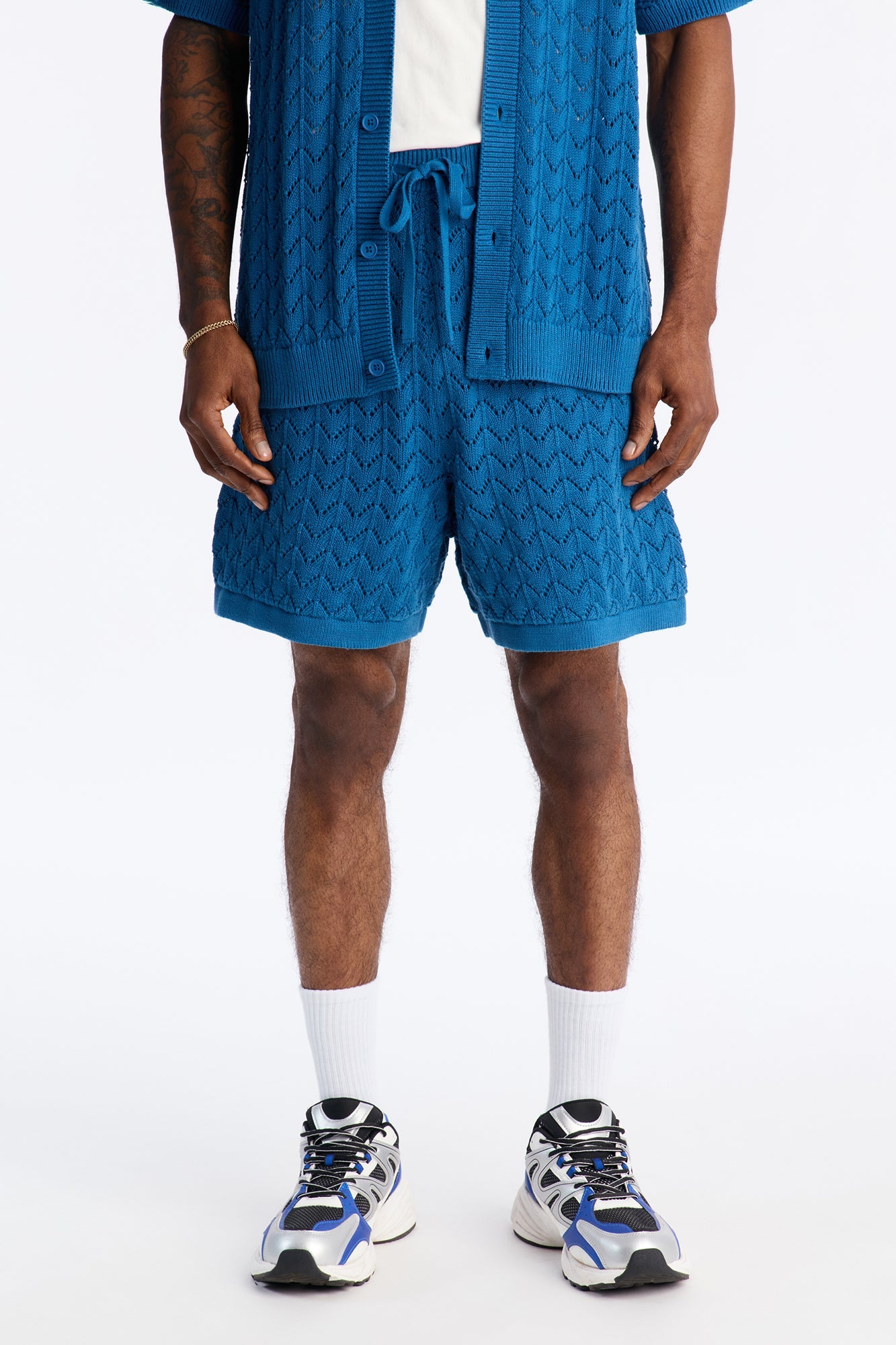Waterfall Texture Open Knit Shorts - Slate Blue Fashion Nova