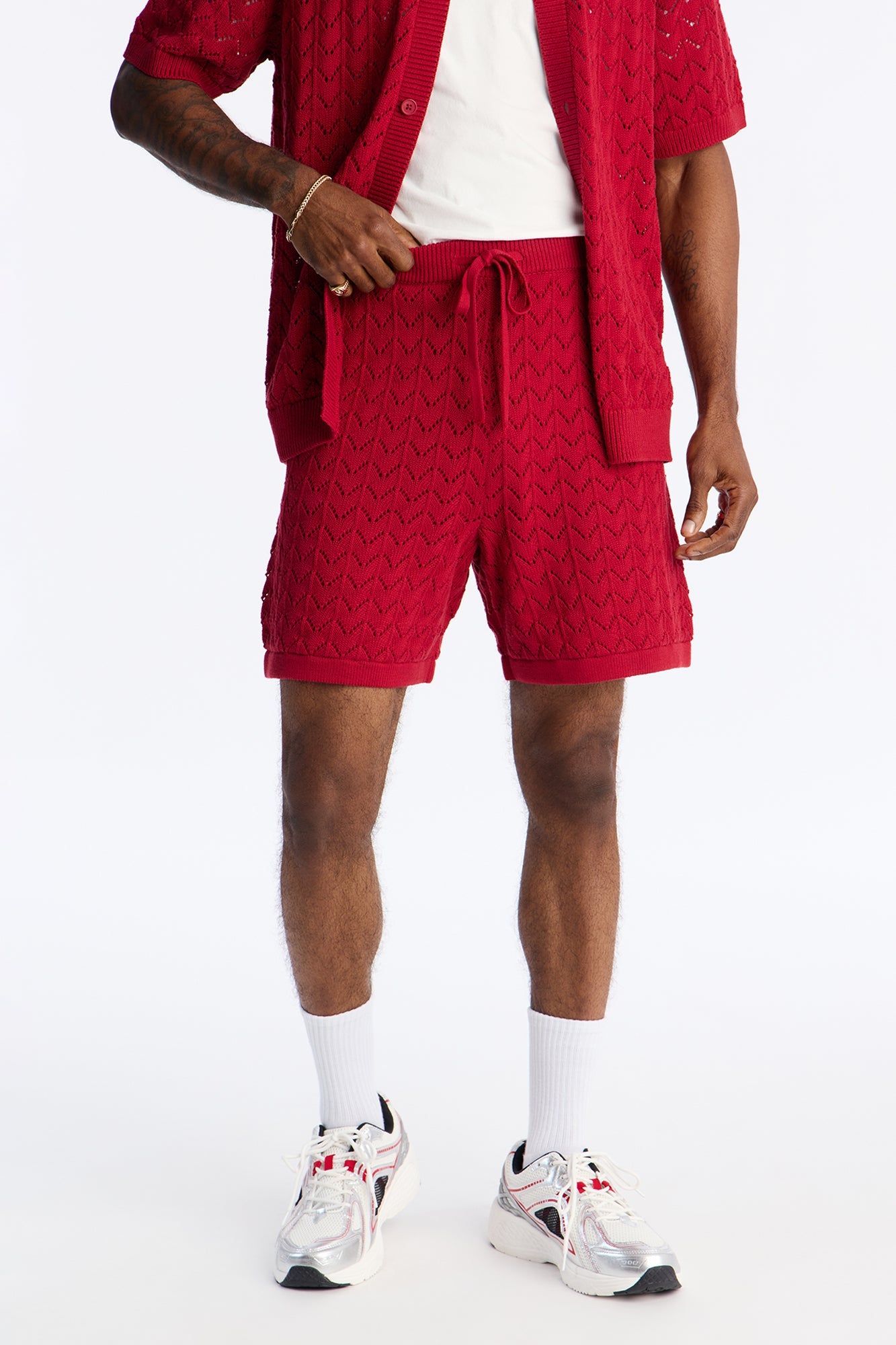 Waterfall Texture Open Knit Shorts - Burgundy Fashion Nova