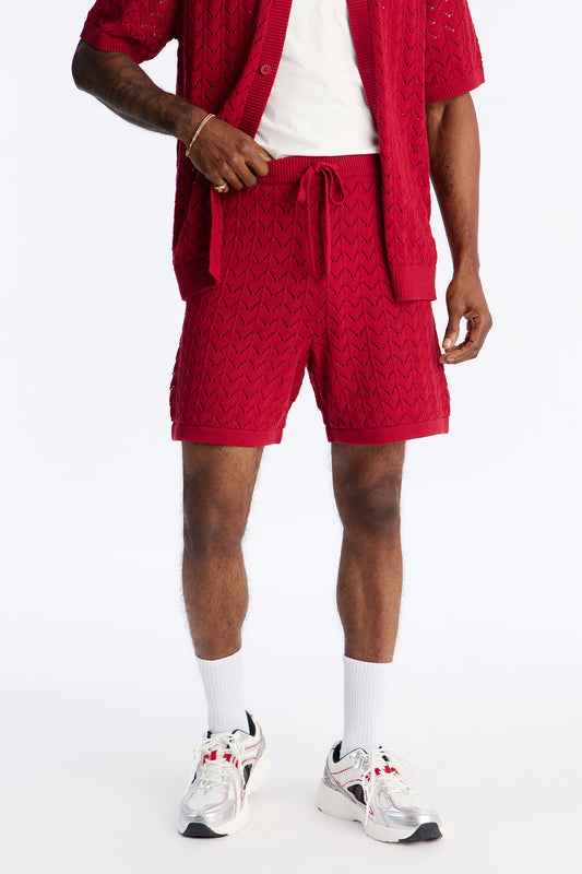 Waterfall Texture Open Knit Shorts - Burgundy Fashion Nova