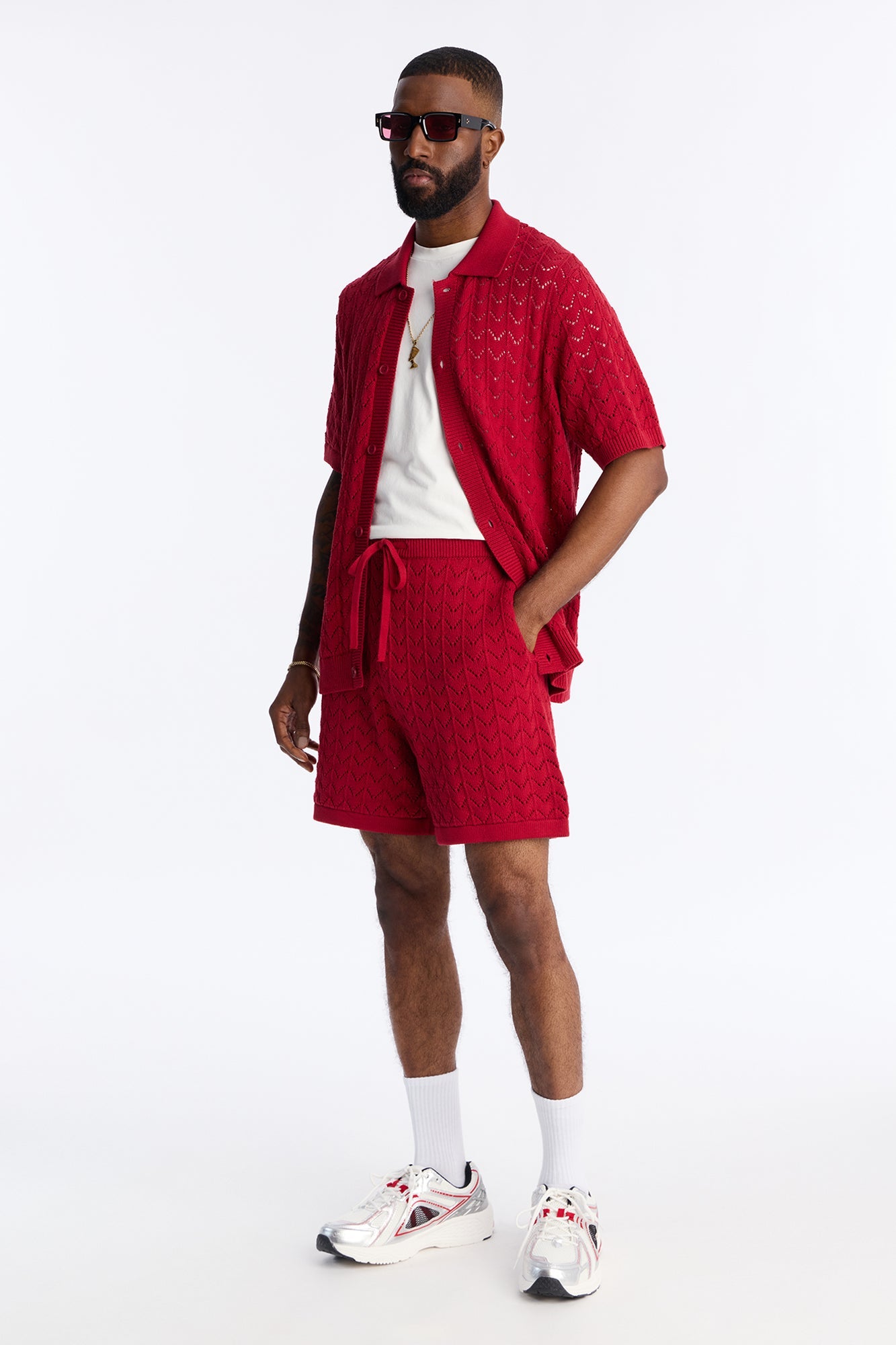 Waterfall Texture Open Knit Shorts - Burgundy Fashion Nova