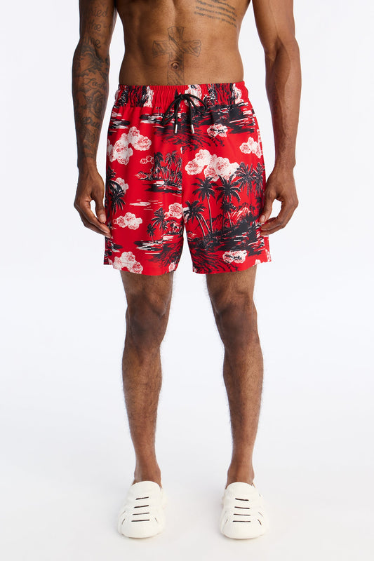 Brushed Tropical Oasis Swim Trunk 7″ - Red Fashion Nova