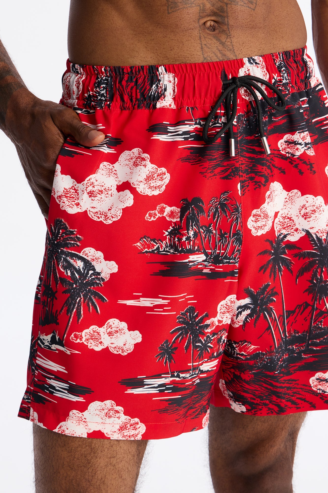 Brushed Tropical Oasis Swim Trunk 7″ - Red Fashion Nova