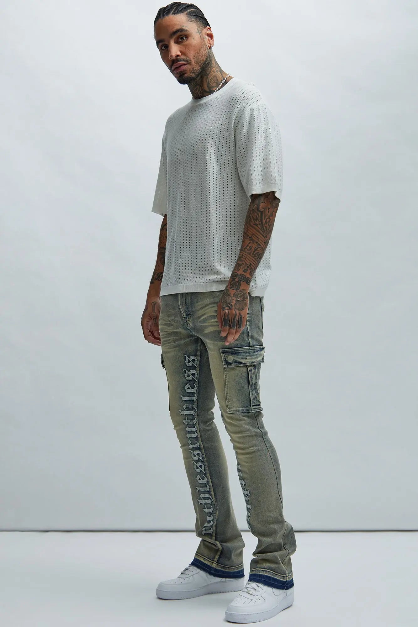 Ruthless Embroidered Stacked Skinny Cargo Flare Jeans - Medium Wash Fashion Nova