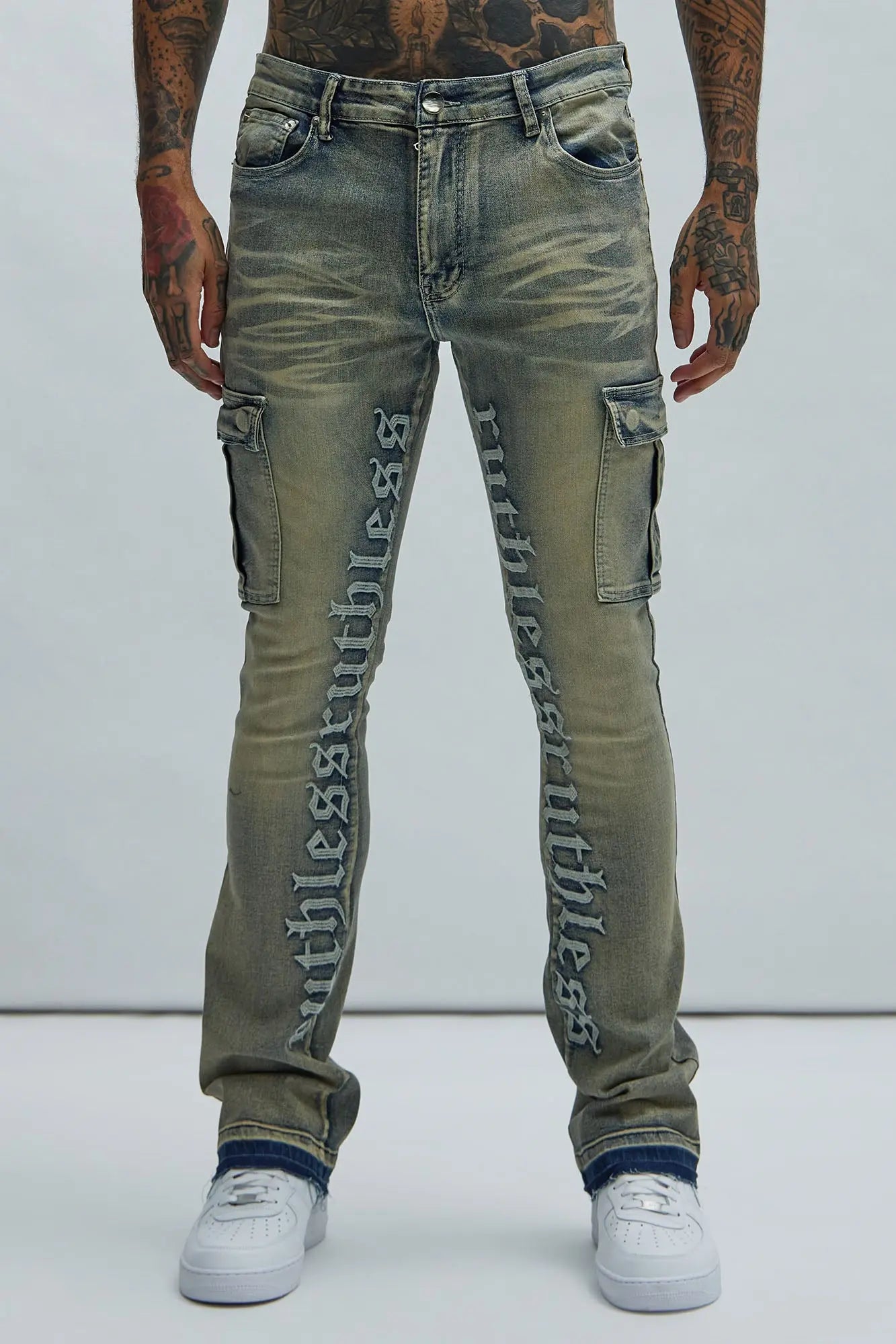 Ruthless Embroidered Stacked Skinny Cargo Flare Jeans - Medium Wash Fashion Nova
