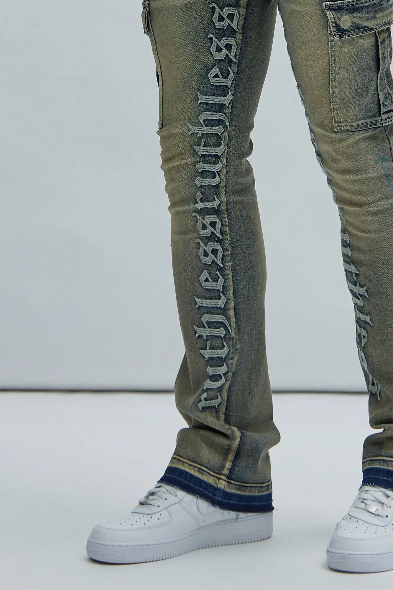 Ruthless Embroidered Stacked Skinny Cargo Flare Jeans - Medium Wash Fashion Nova
