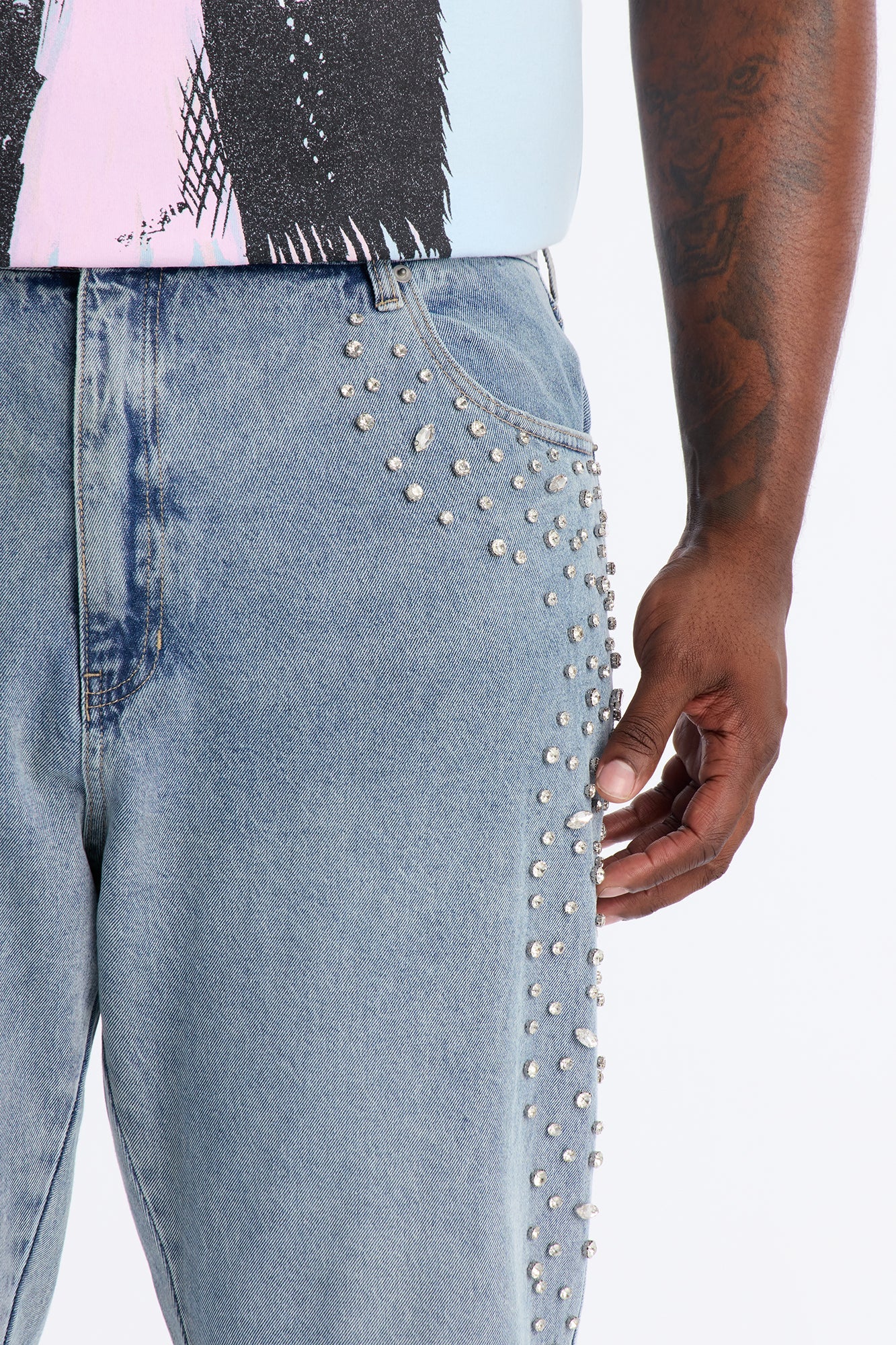 Stacked Slim Flare Another Level Jeweled Jean - Medium Blue Wash Fashion Nova