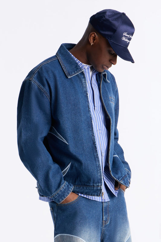 Cropped Crescent Denim Work Jacket - Medium Blue Wash Fashion Nova