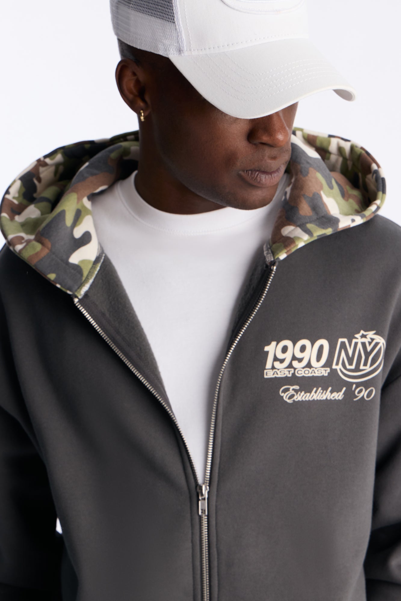 New York East Camo Zip Hoodie - Charcoal/combo Fashion Nova