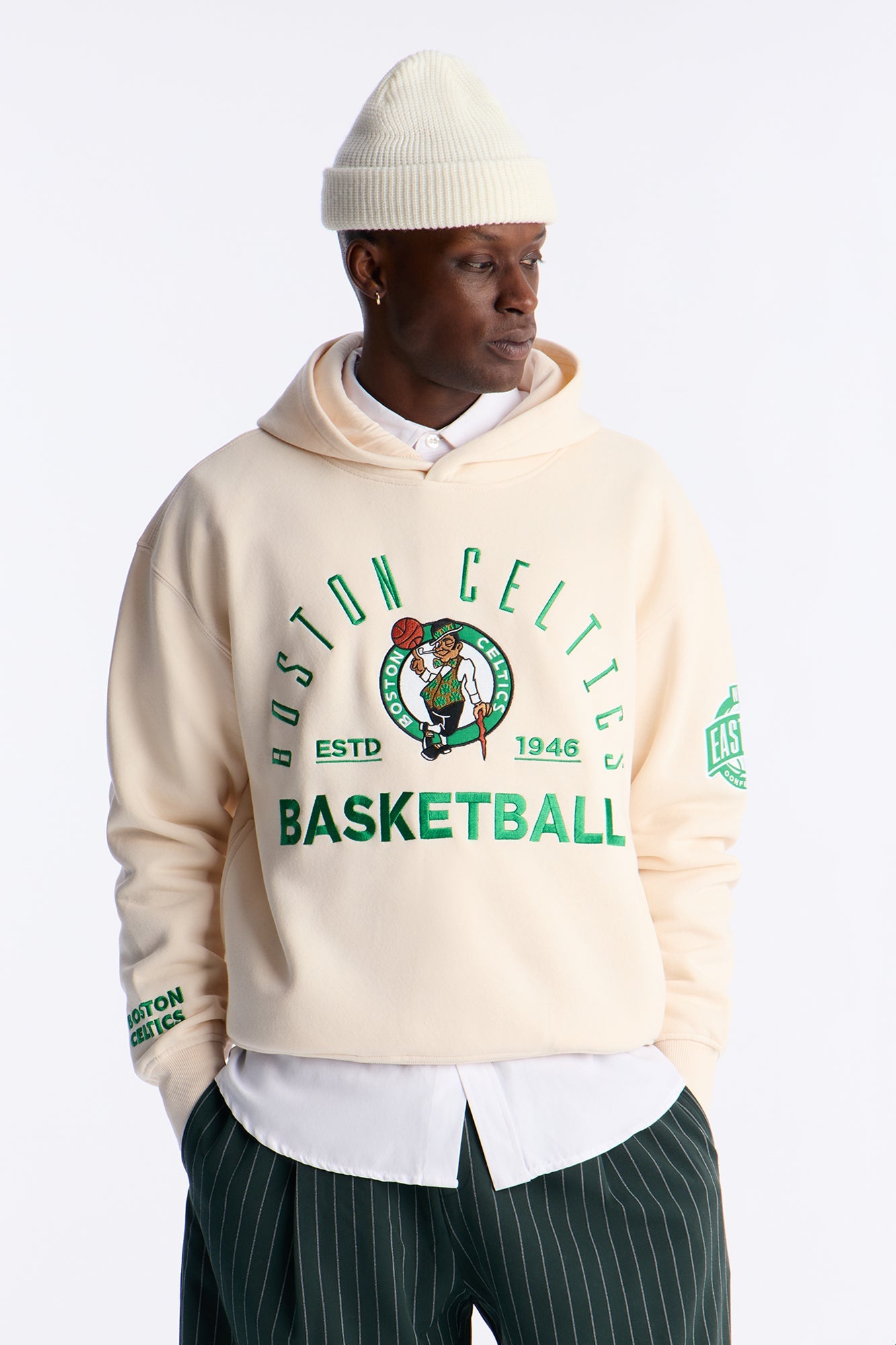 Celtics Embroidered Oversized Hoodie - Cream Fashion Nova