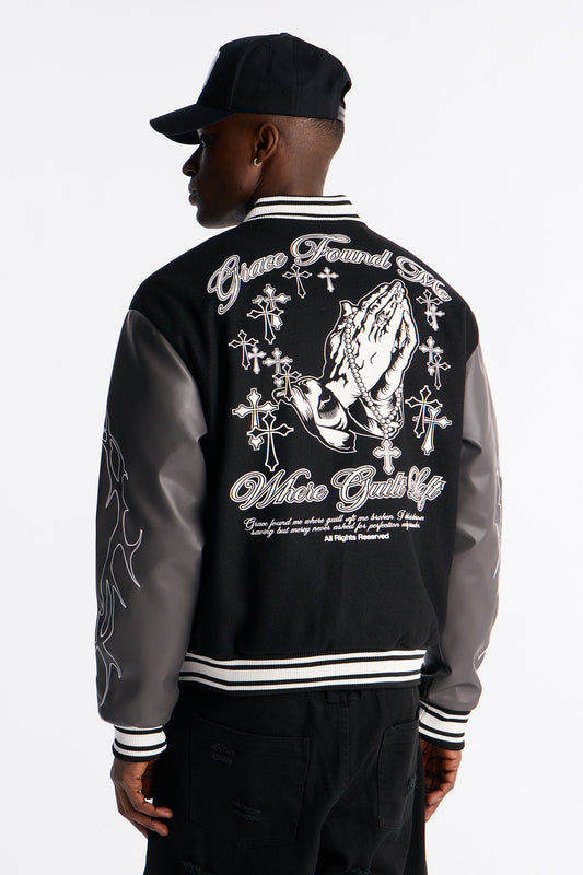 Grace Found Me Rhinestone Varsity Jacket - Black Fashion Nova