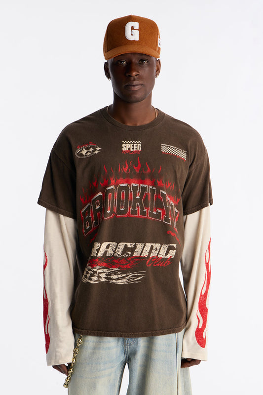 Brooklyn Racing 2fer Long Sleeve Tee - Chocolate Fashion Nova