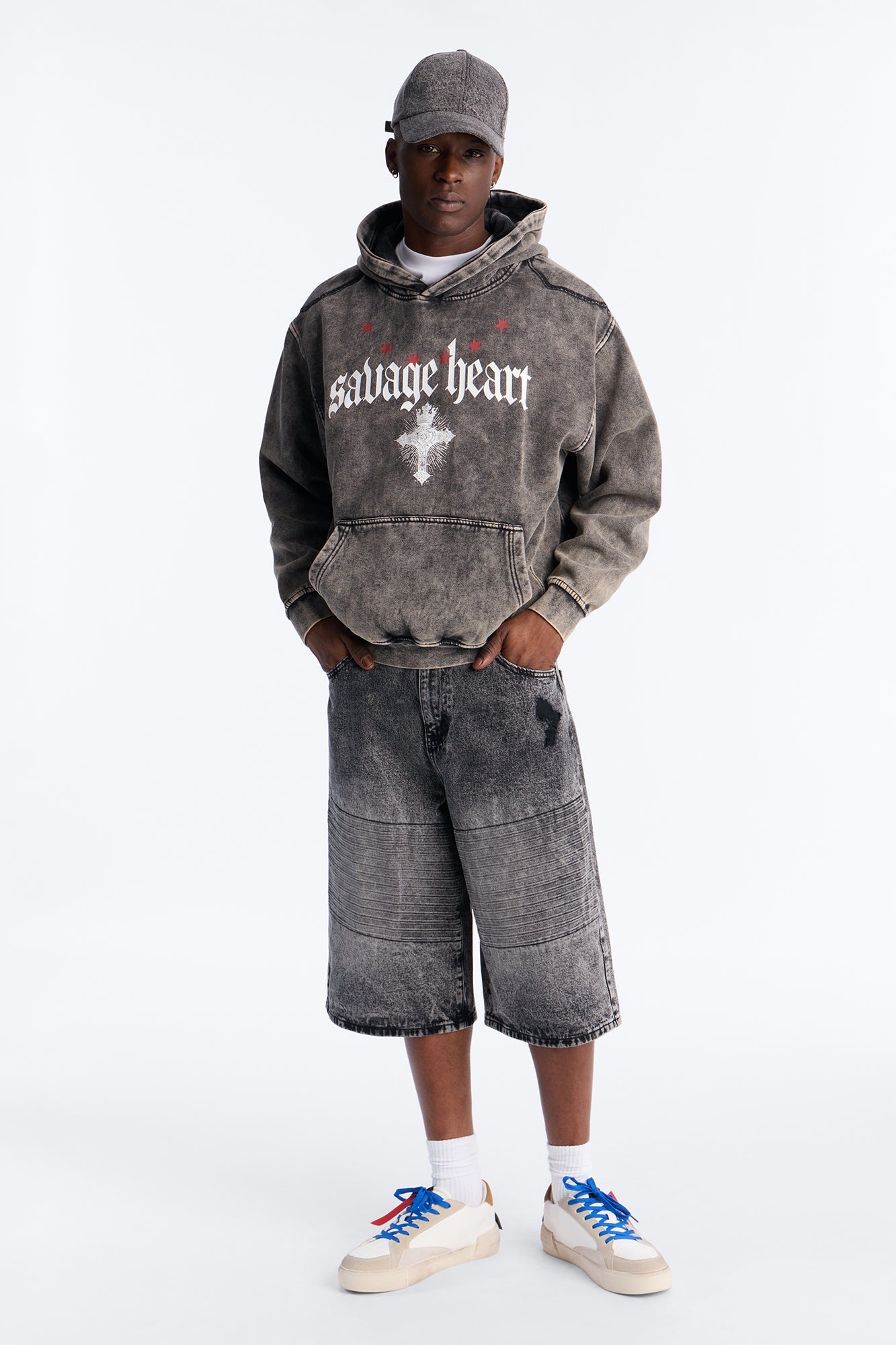 Baggy Embossed Linez Denim Short - Acid Wash Black Fashion Nova