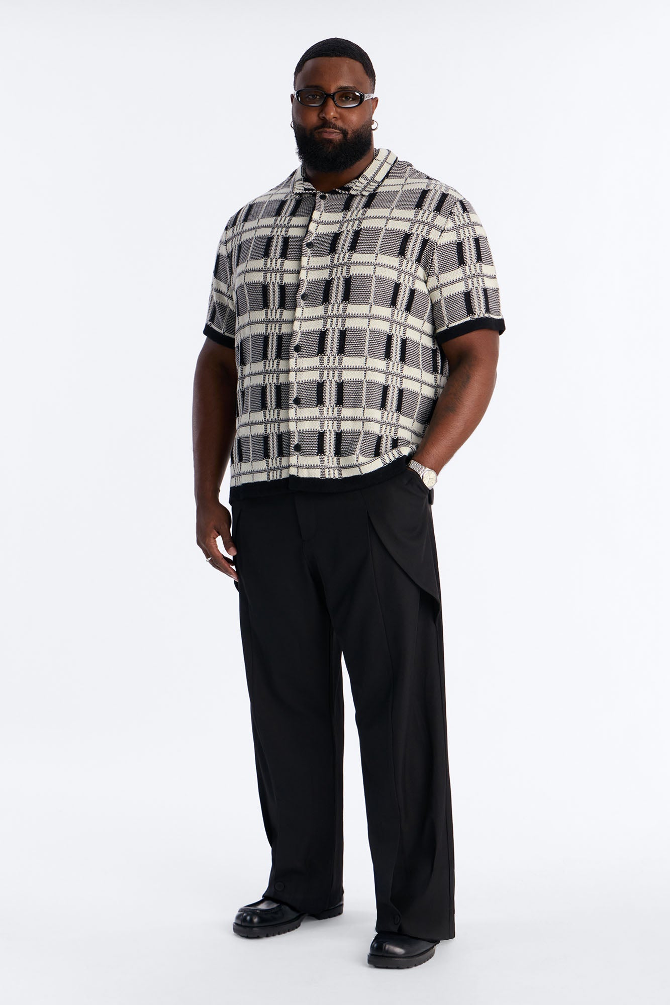 Crosshatch Closed Collar Button Up Shirt - Black Fashion Nova
