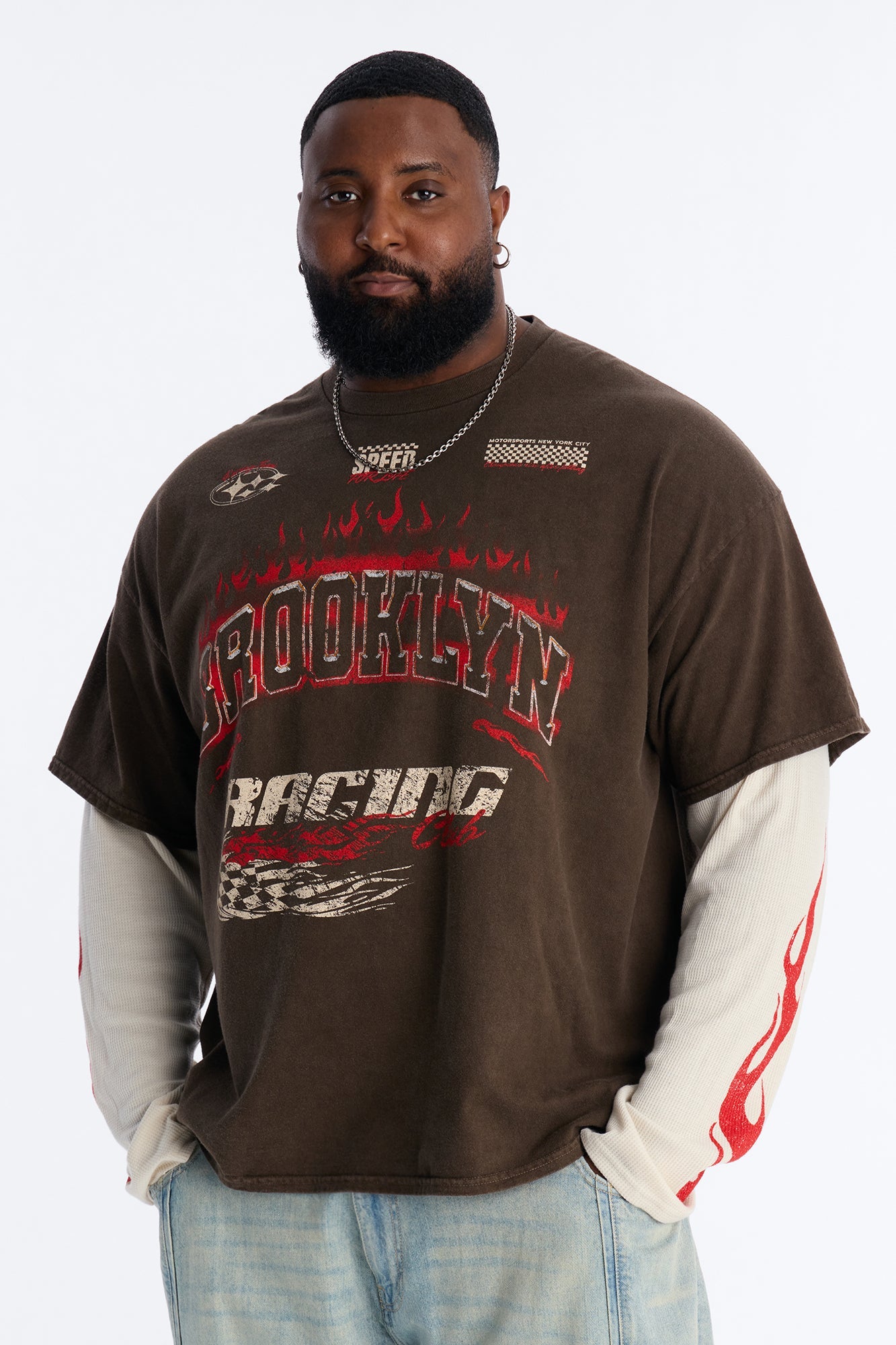 Brooklyn Racing 2fer Long Sleeve Tee - Chocolate Fashion Nova