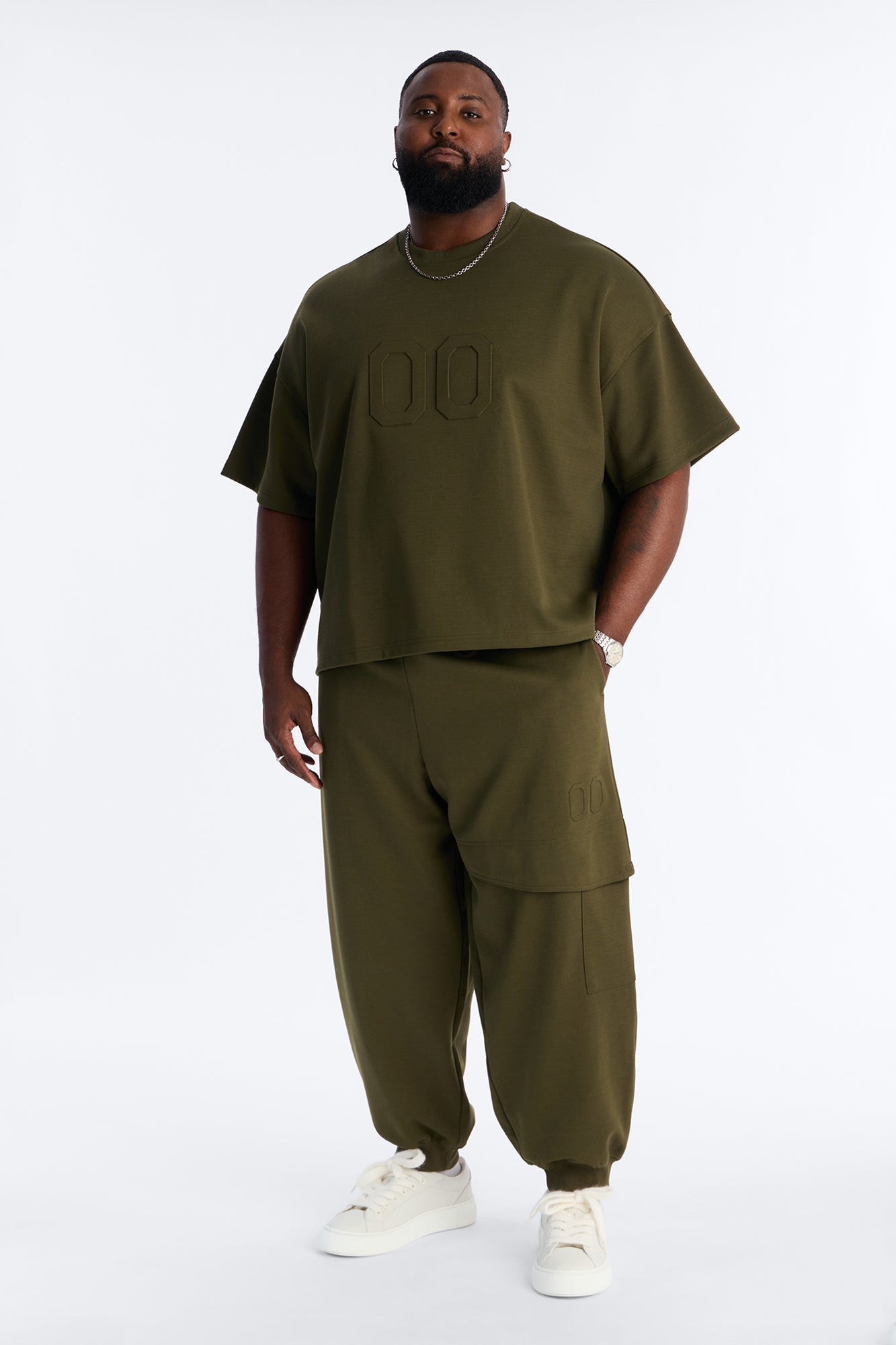 Structured Fleece Embossed Number Tee - Olive Fashion Nova