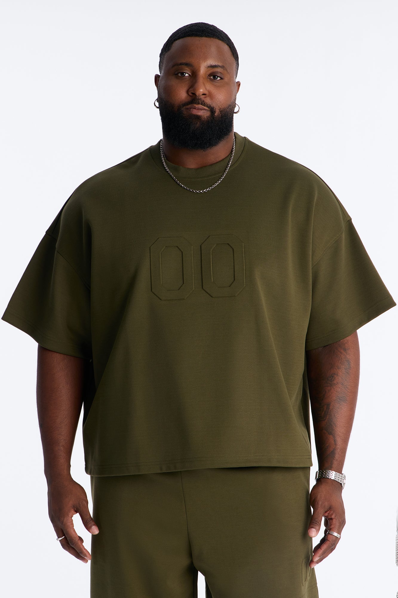Structured Fleece Embossed Number Tee - Olive Fashion Nova