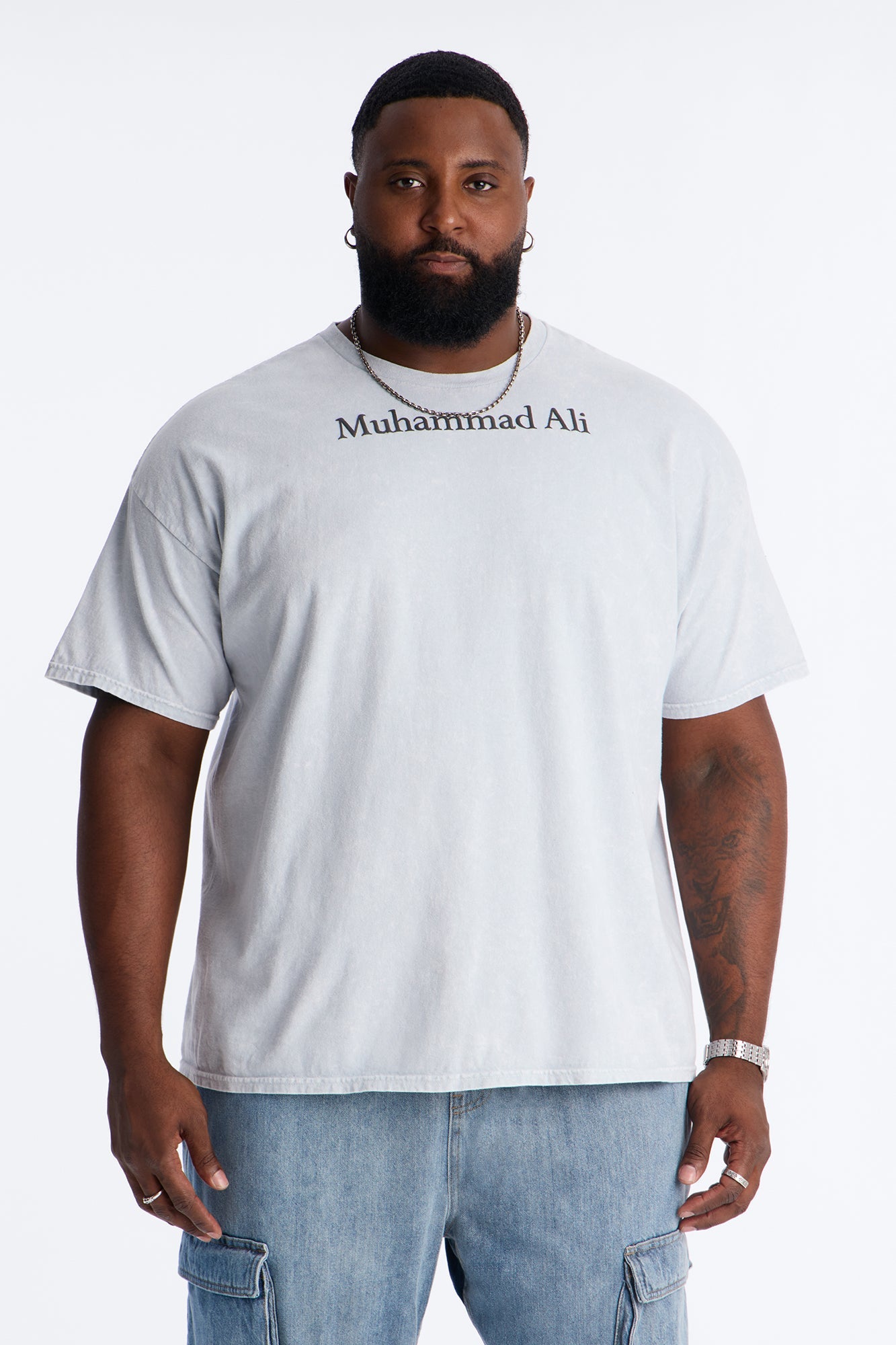 Muhammad Ali Sting Like A Bee Puff Print Short Sleeve Tee - Grey Mineral Wash Fashion Nova