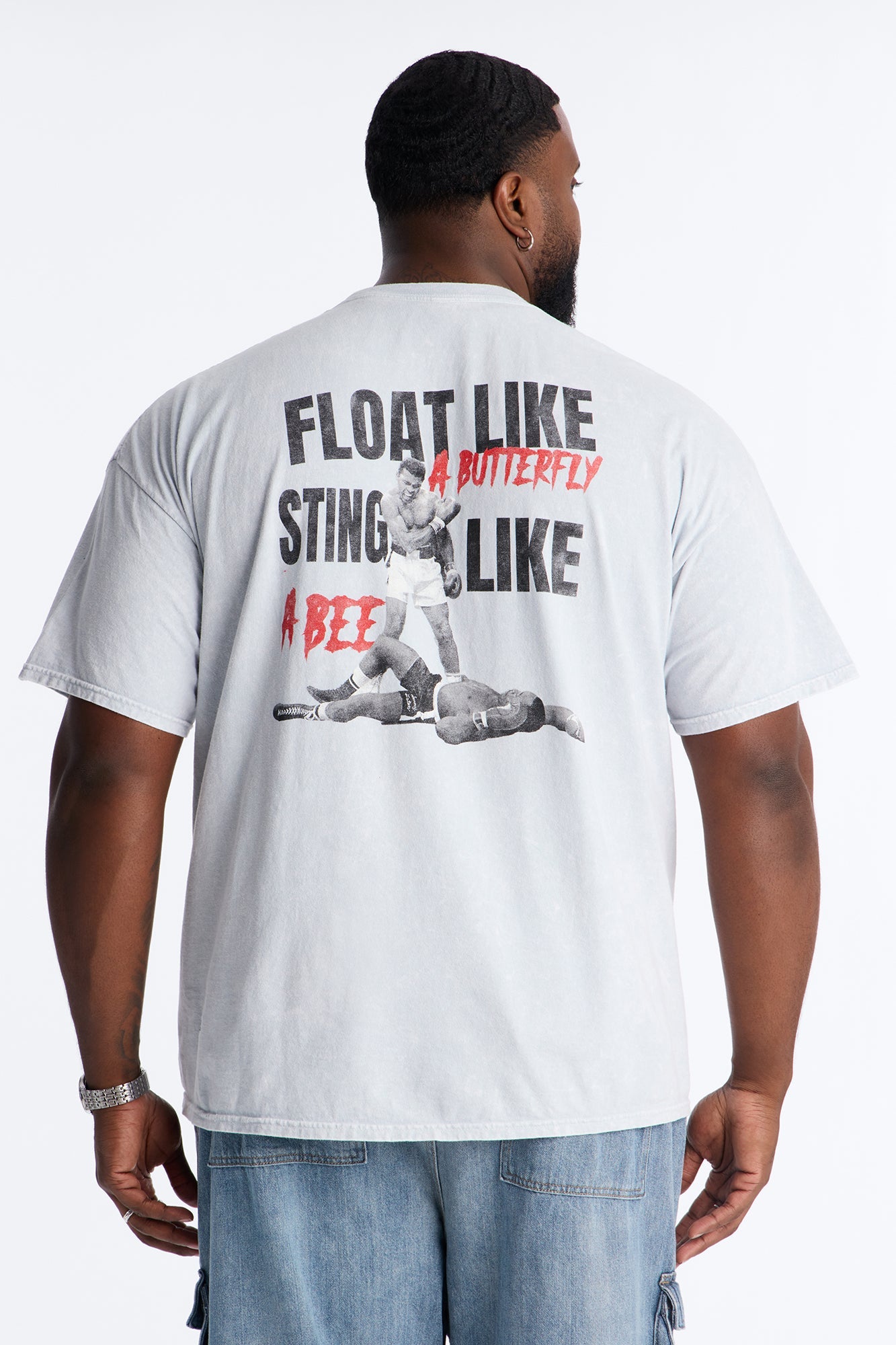 Muhammad Ali Sting Like A Bee Puff Print Short Sleeve Tee - Grey Mineral Wash Fashion Nova