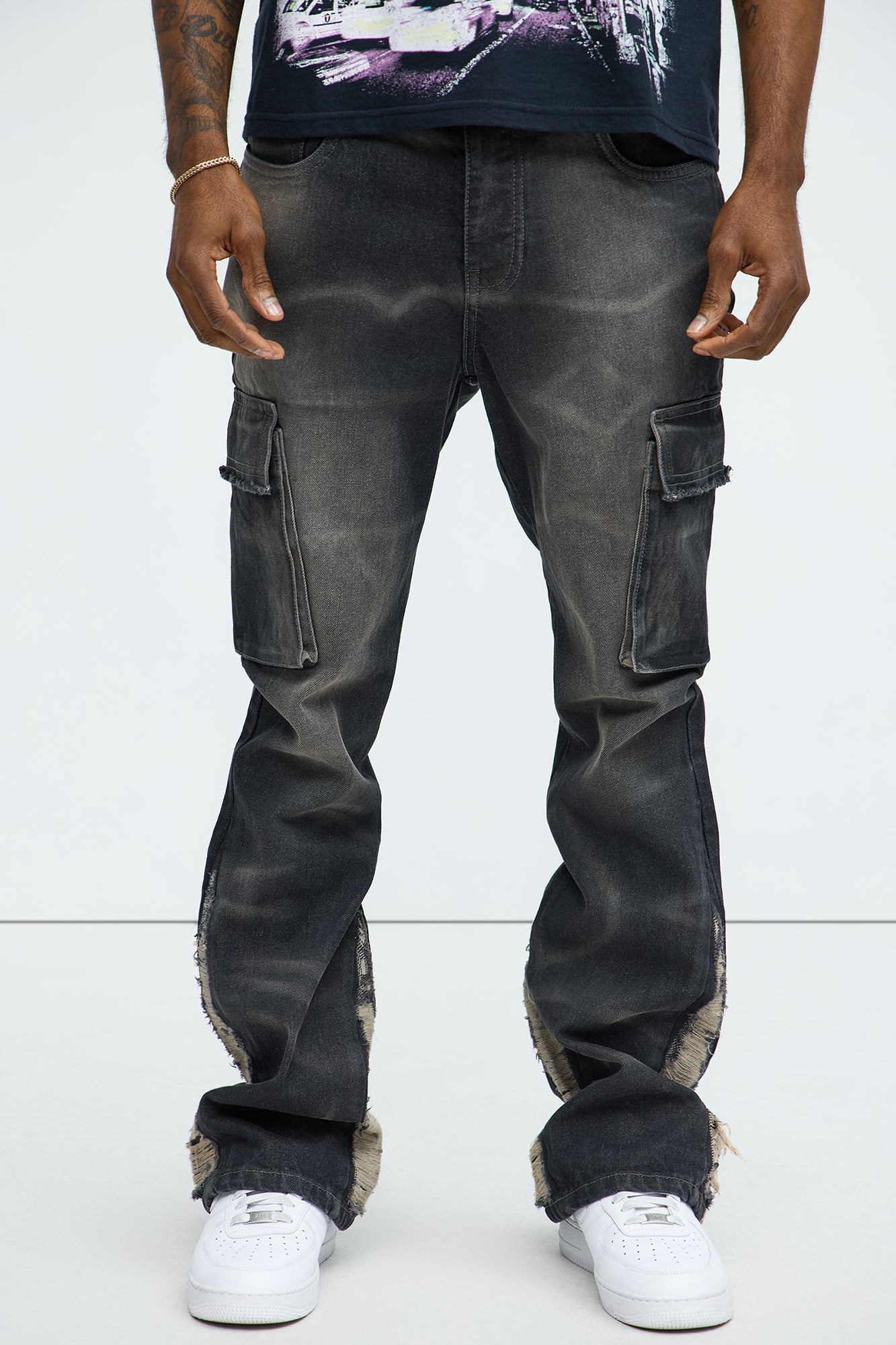 Kaine Stacked Slim Flare Jeans - Black Wash Fashion Nova