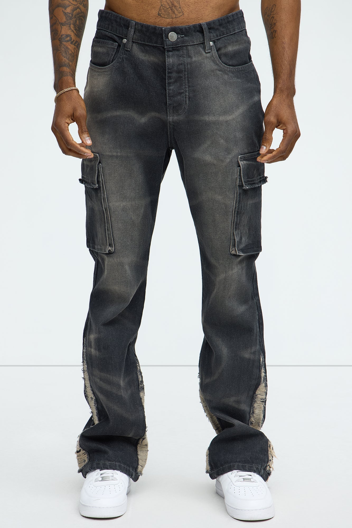 Kaine Stacked Slim Flare Jeans - Black Wash Fashion Nova