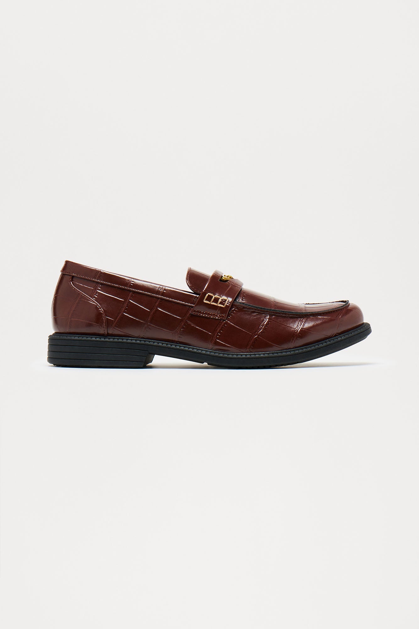 Embossed Crocodile Buckle Slip On Loafer - Brown Fashion Nova