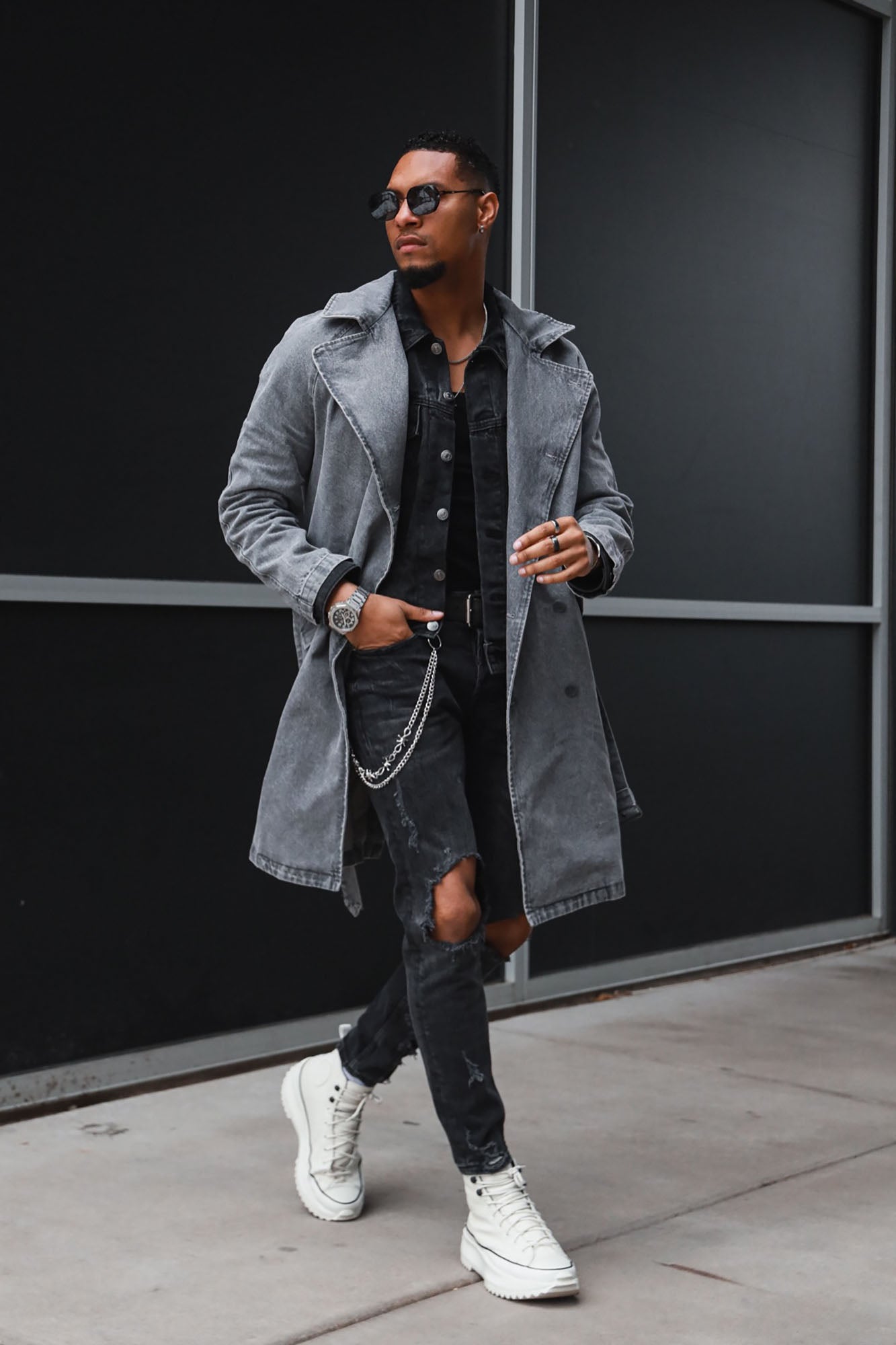 Finesse Double Breasted Denim Trench Coat - Grey Fashion Nova