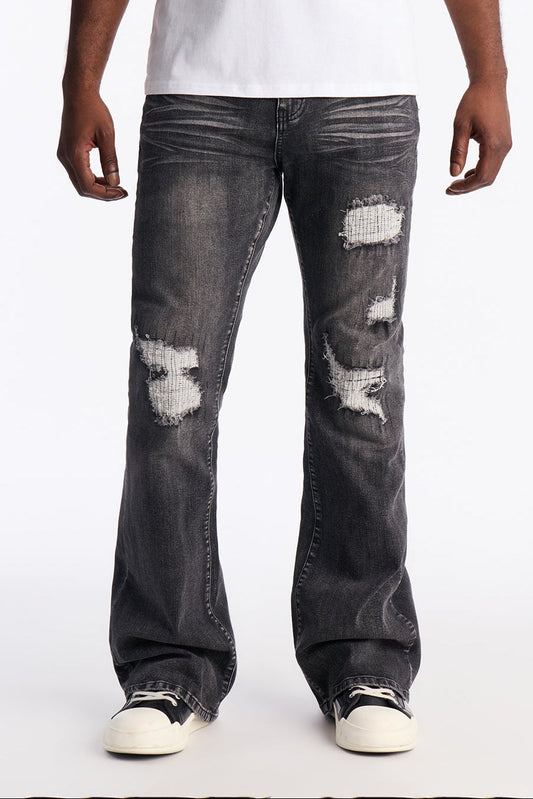 Stacked Skinny Flare Classic Destroyed Jeans - Black Wash Fashion Nova