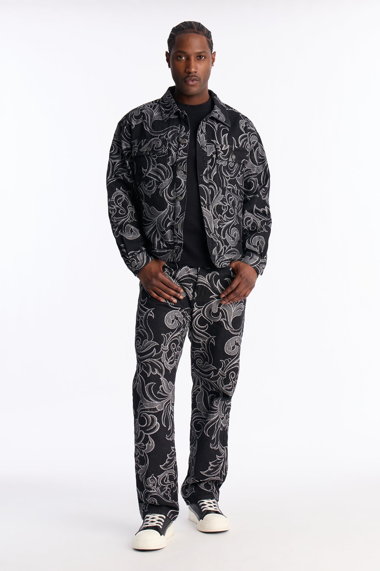 Relaxed Cropped Baroque Jacquard Denim Jacket - Black Wash Fashion Nova