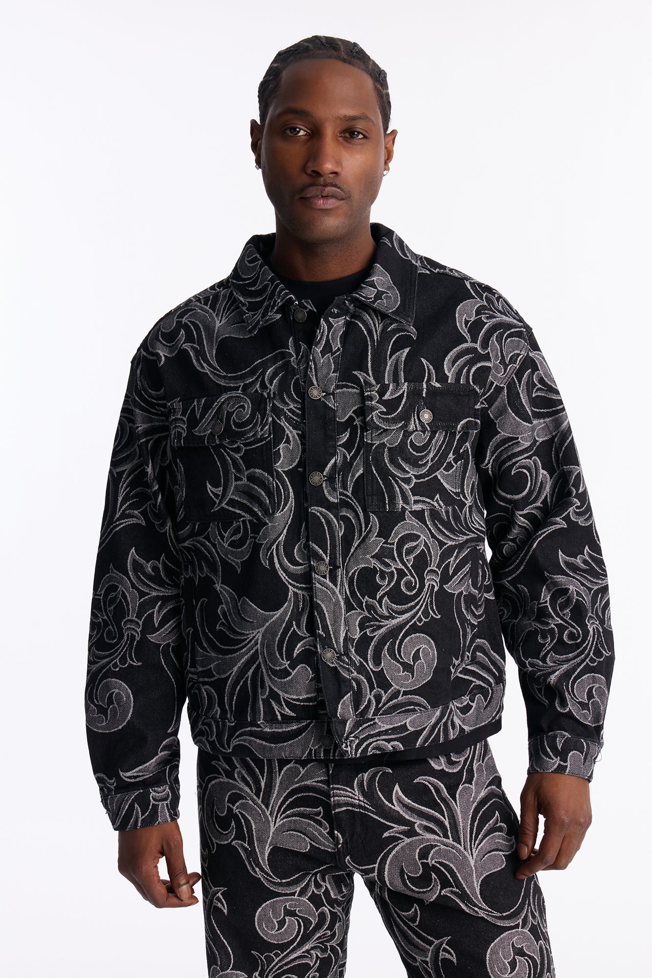 Relaxed Cropped Baroque Jacquard Denim Jacket - Black Wash Fashion Nova