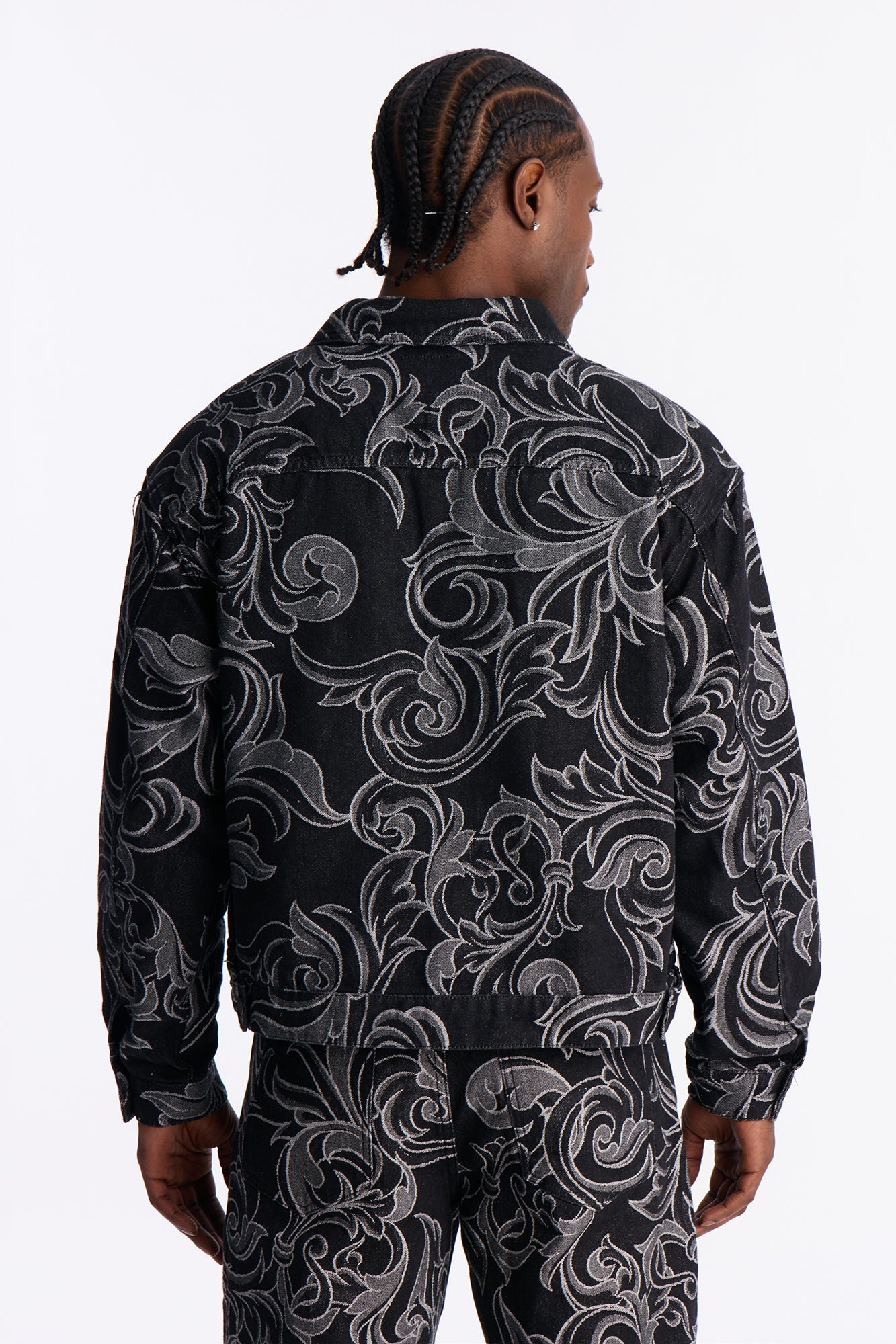 Relaxed Cropped Baroque Jacquard Denim Jacket - Black Wash Fashion Nova