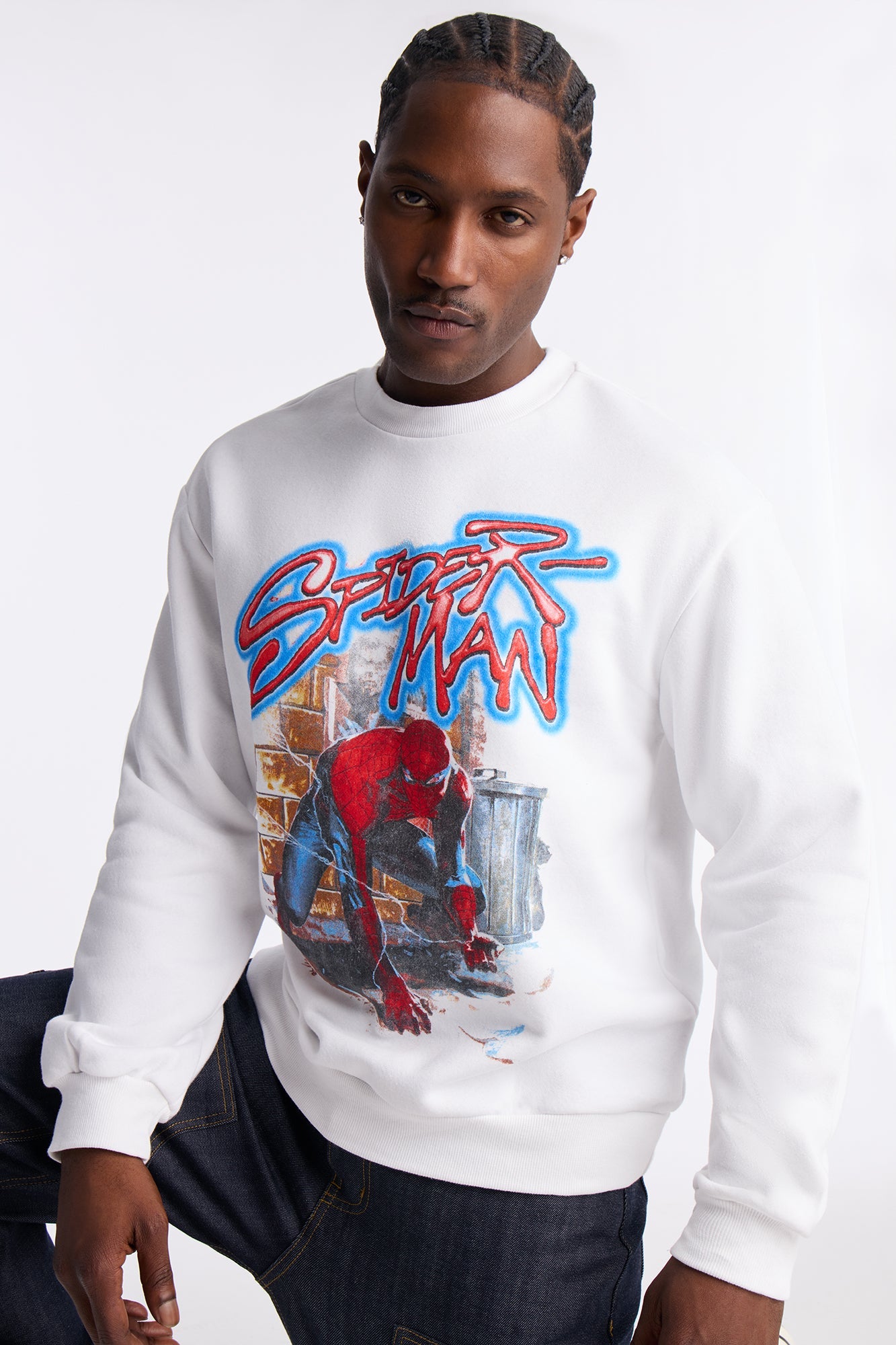 Marvel Spiderman Crawling Spider Crew Neck Sweatshirt - White Fashion Nova
