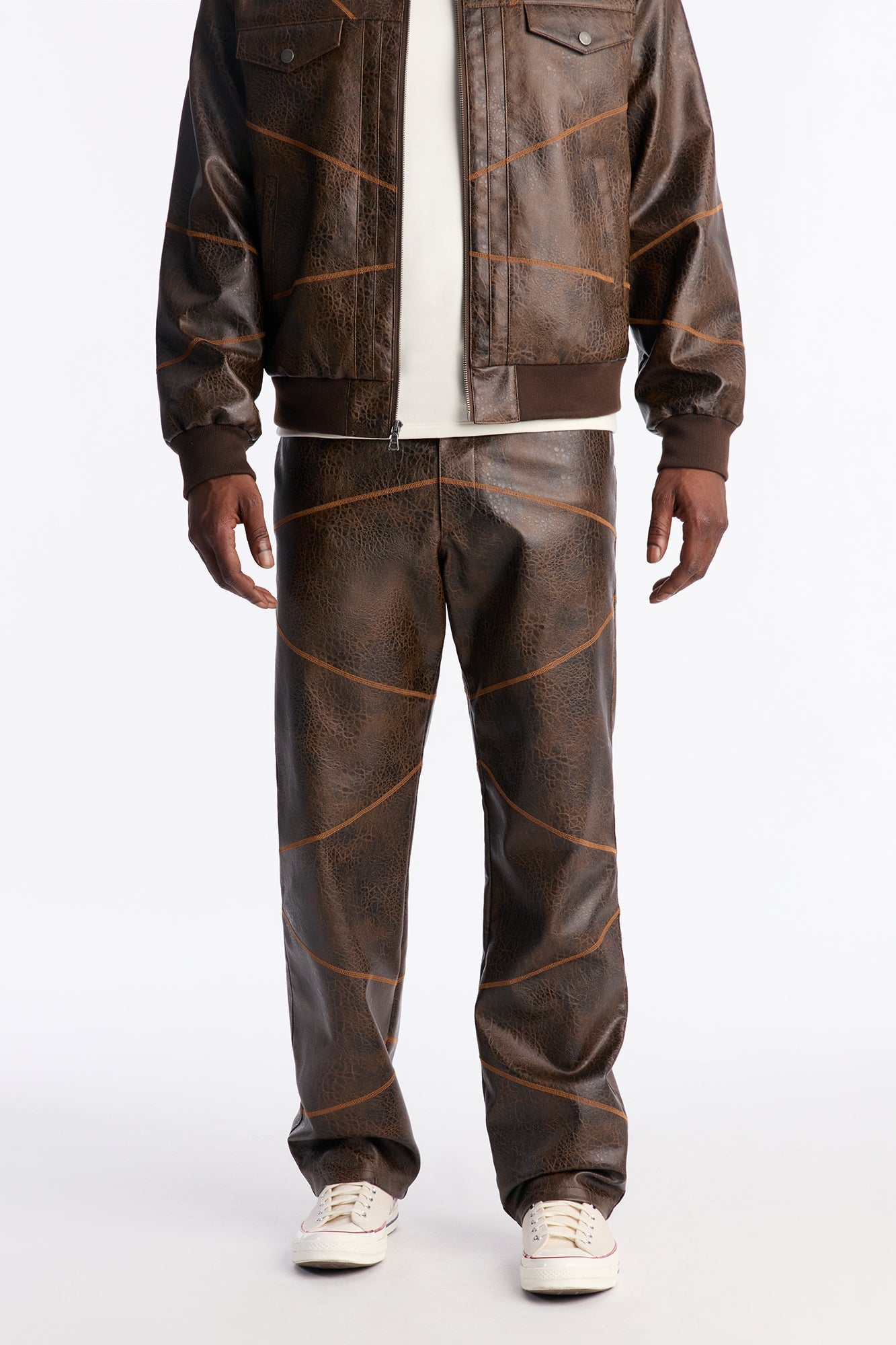 Straight Vintage Chainstitch Faux Leather Pant - Brown Fashion Nova
