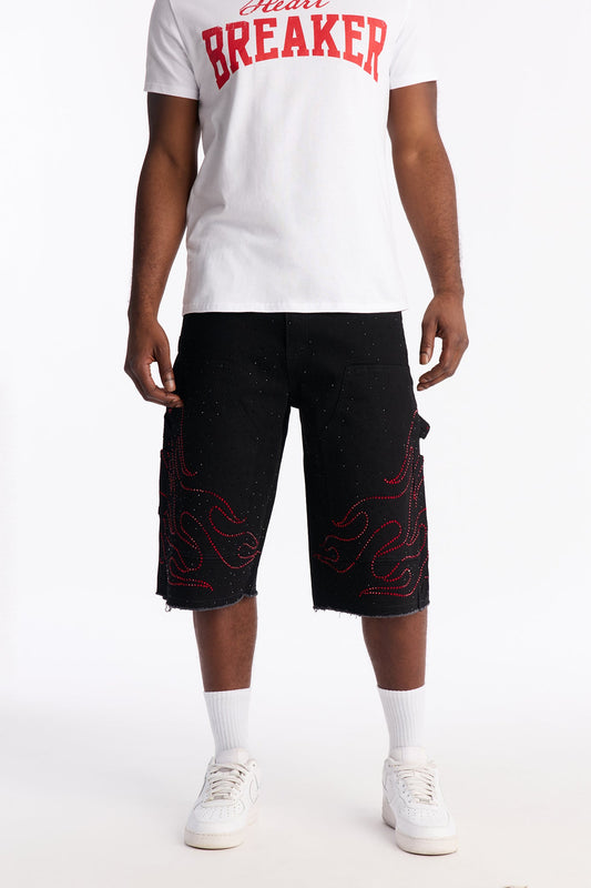 Baggy Flamed Jewel Carpenter Denim Short - Black Fashion Nova