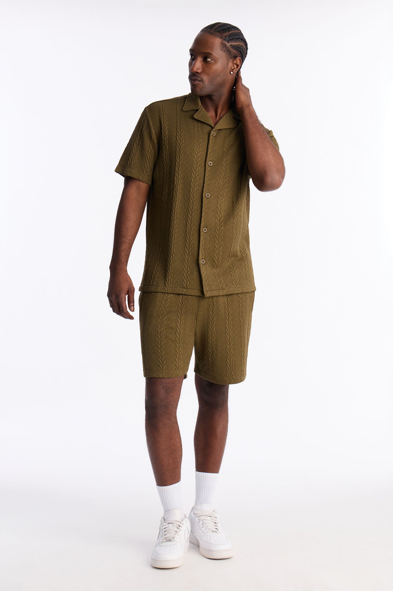 Textured Stripes Relaxed Drawstring Shorts - Olive Fashion Nova