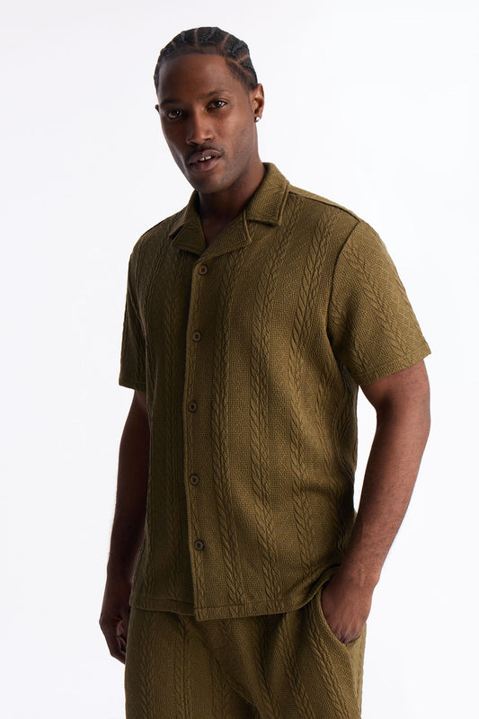 Textured Stripes Cuban Short Sleeve Button Up Shirt - Olive Fashion Nova