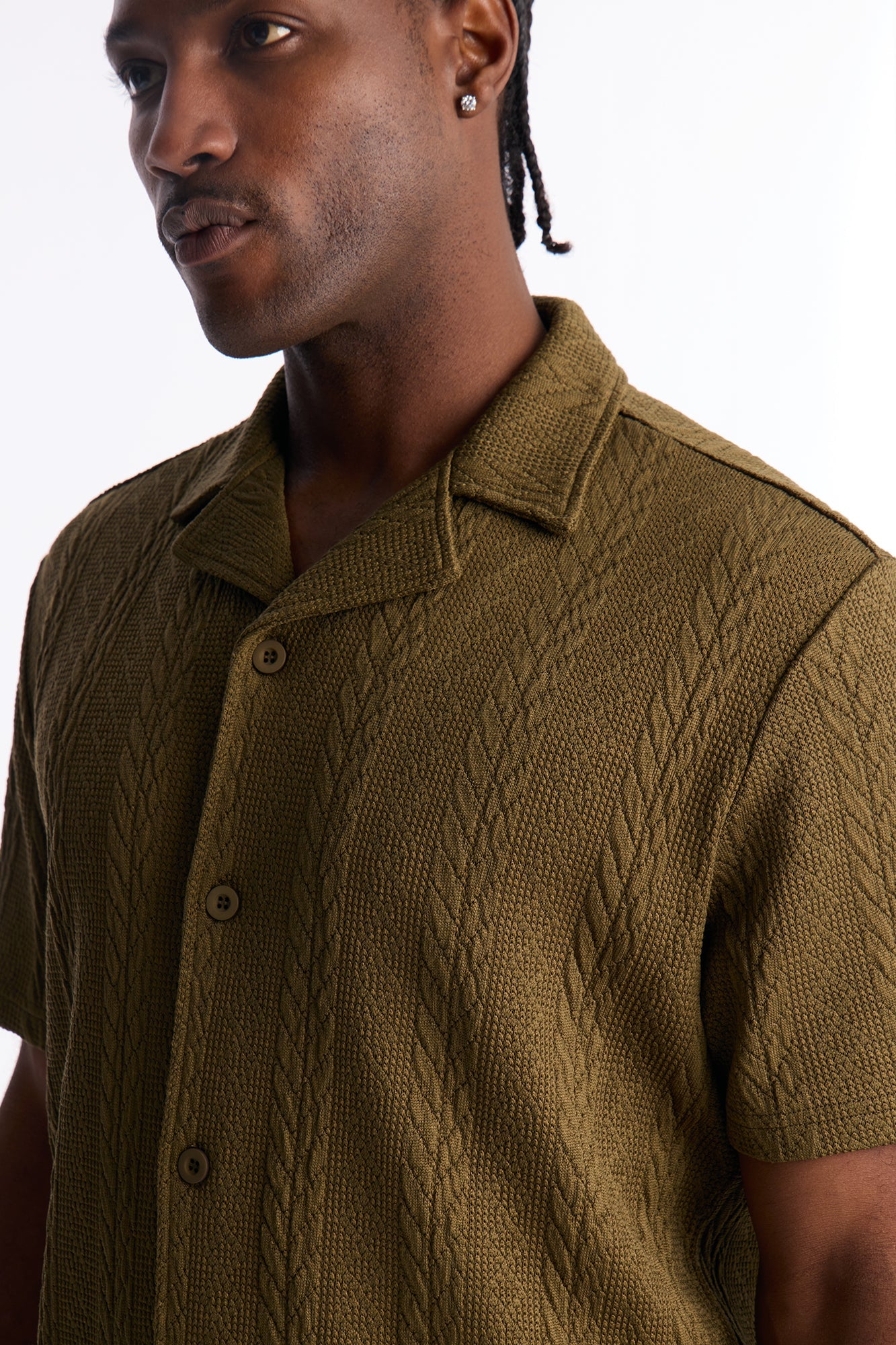 Textured Stripes Cuban Short Sleeve Button Up Shirt - Olive Fashion Nova