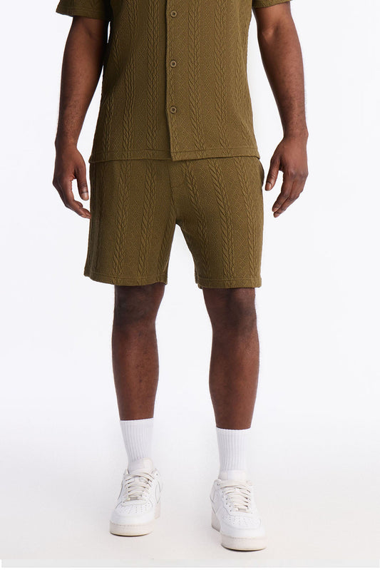 Textured Stripes Relaxed Drawstring Shorts - Olive Fashion Nova