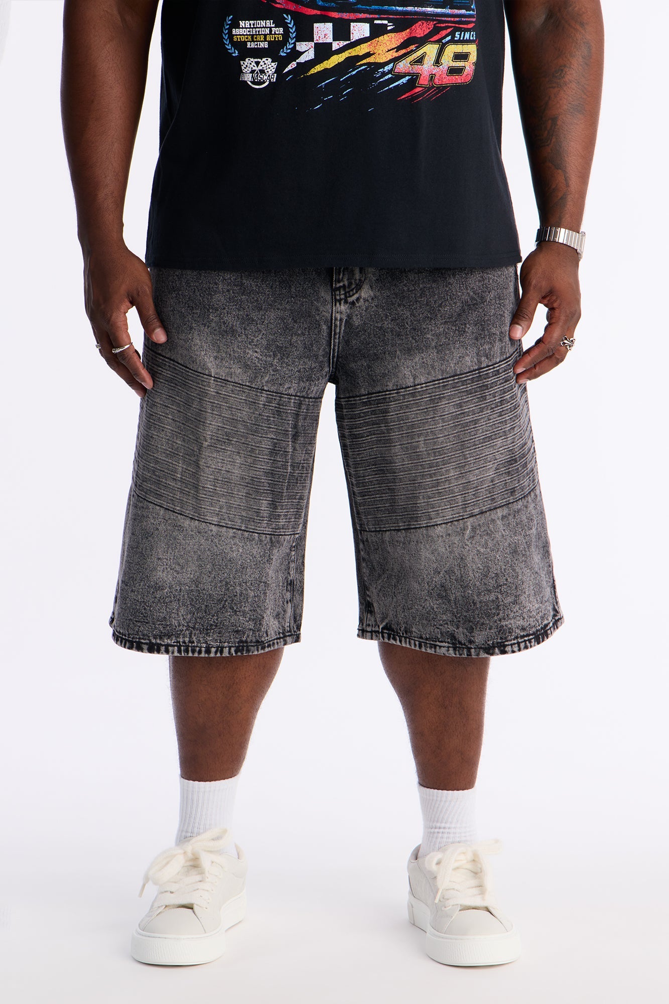 Baggy Embossed Linez Denim Short - Acid Wash Black Fashion Nova