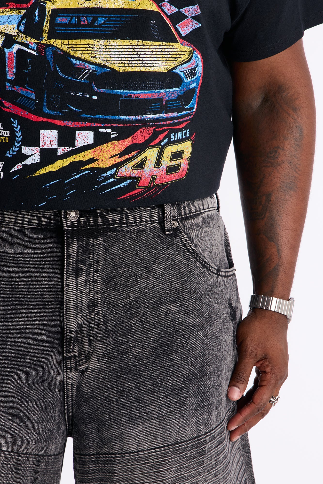 Baggy Embossed Linez Denim Short - Acid Wash Black Fashion Nova