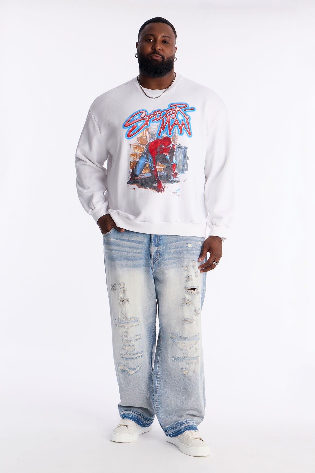 Marvel Spiderman Crawling Spider Crew Neck Sweatshirt - White Fashion Nova