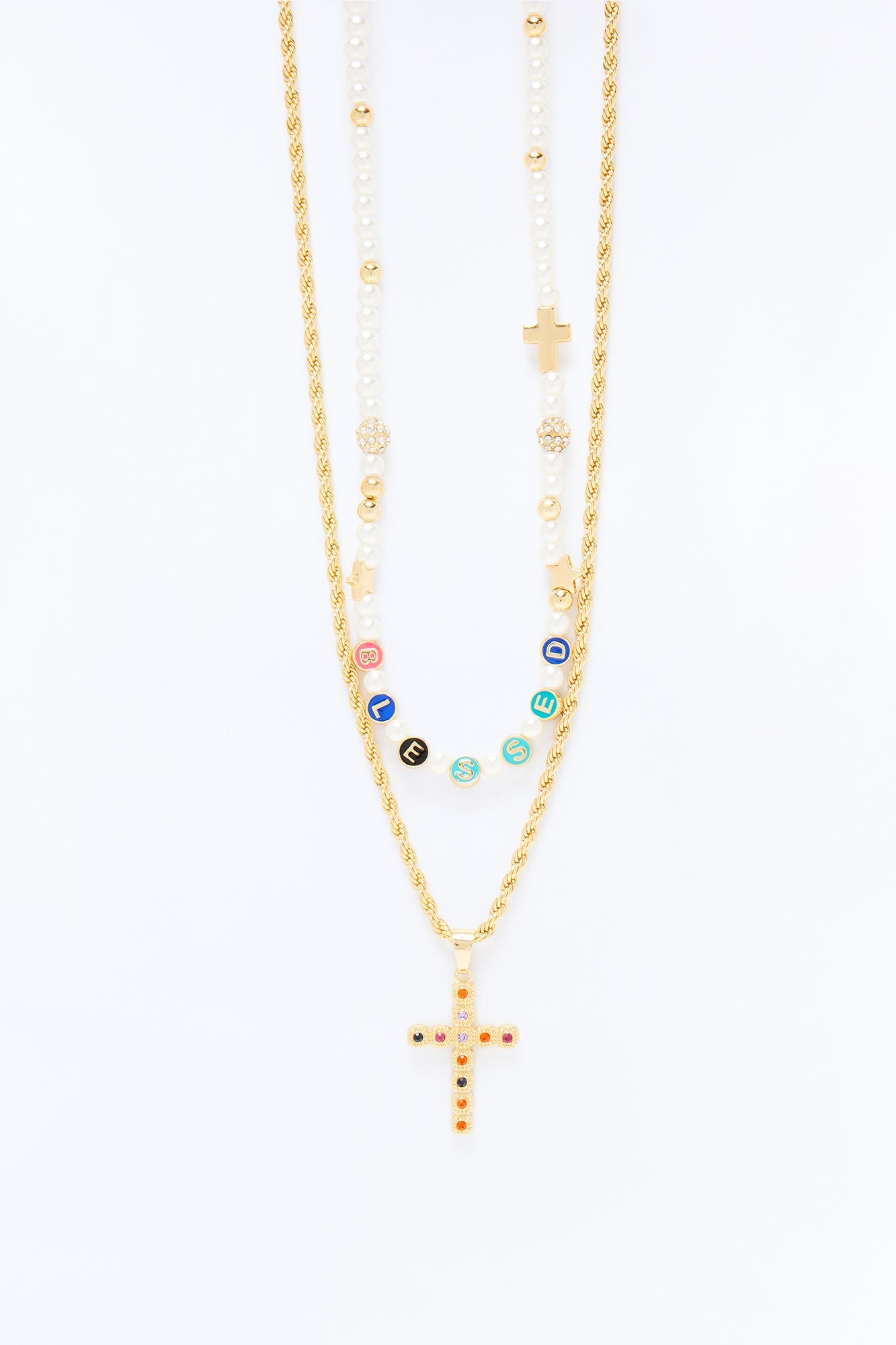 Pearl Charm And Multi Color Cross Necklace Set - Gold Fashion Nova