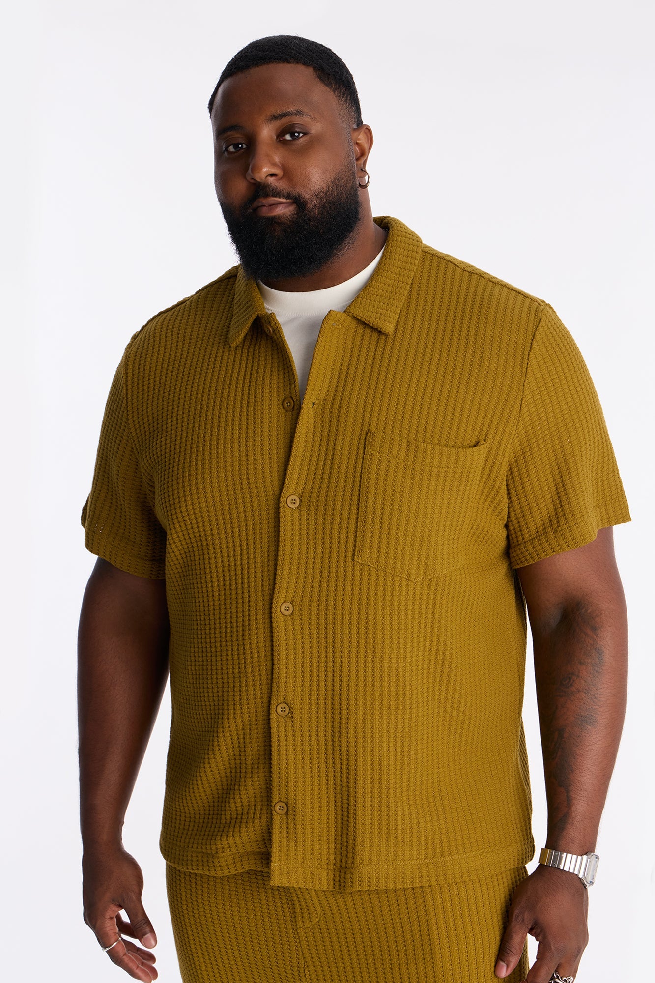 London Fog Textured Button Up Shirt - Mustard Fashion Nova