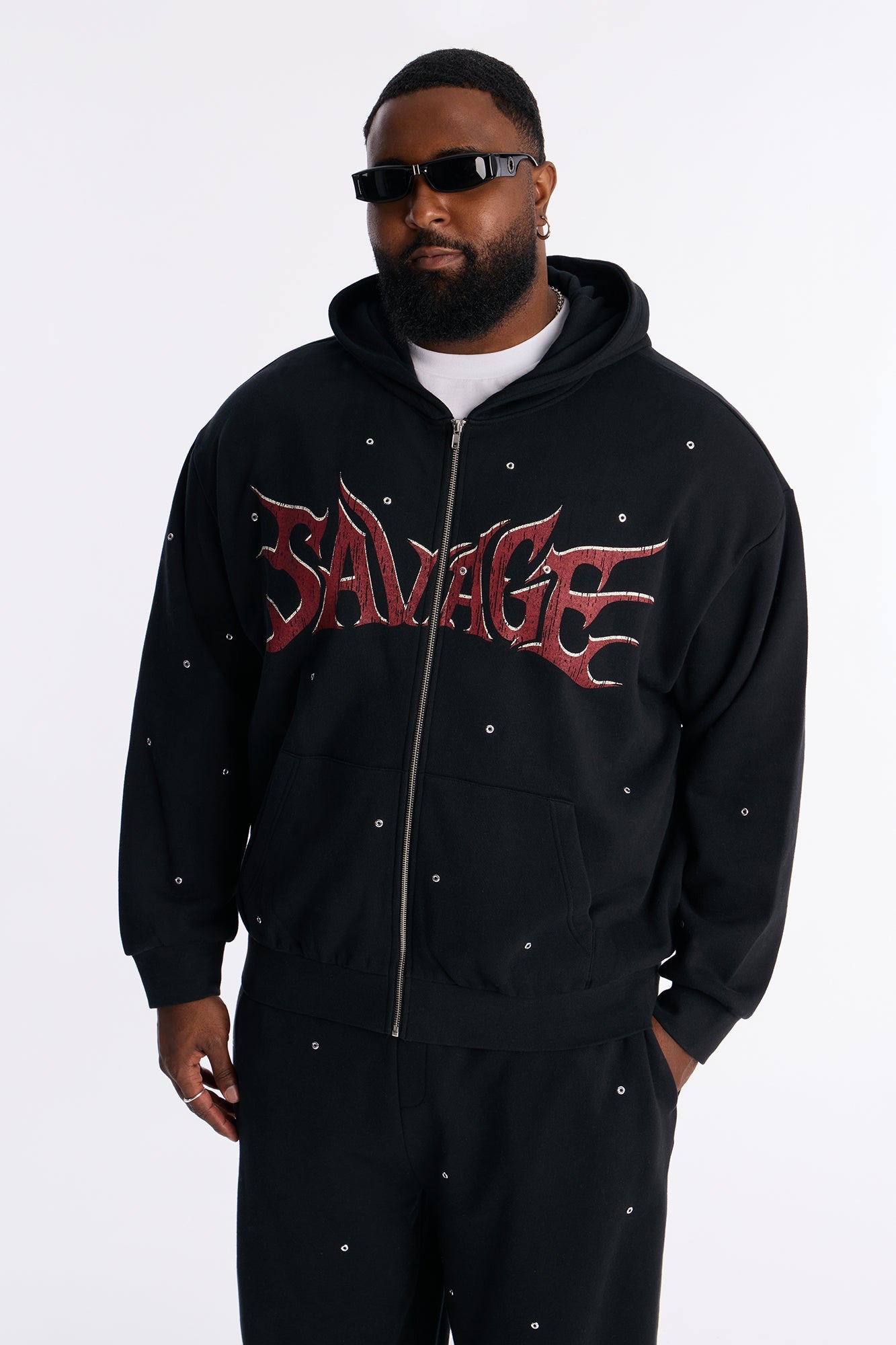 Savage Rhinestone Zip Hoodie - Black Fashion Nova