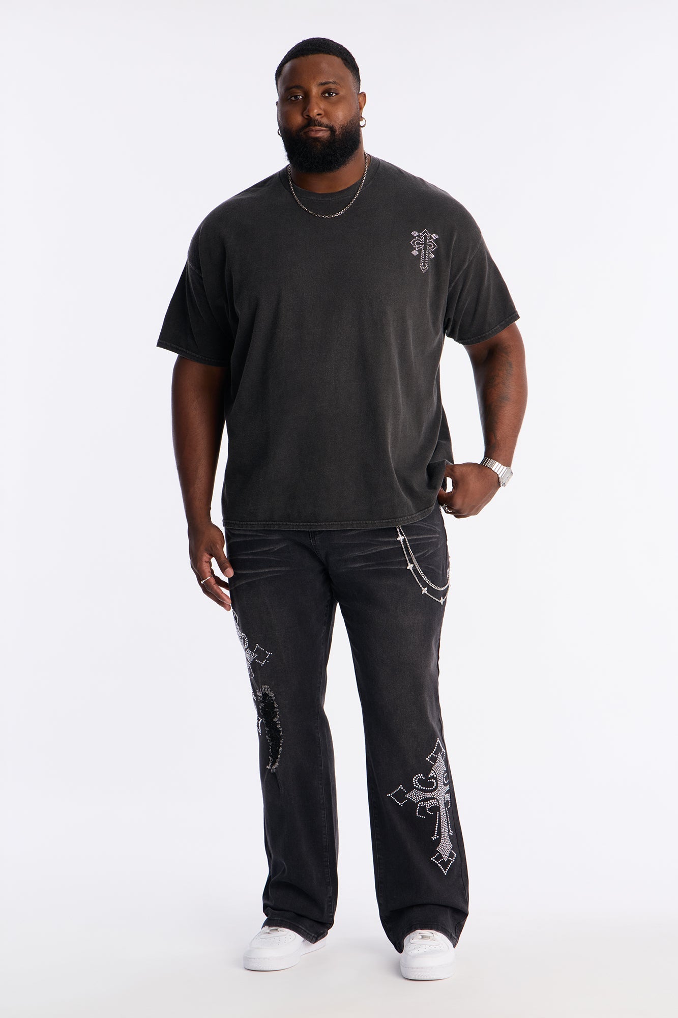 Cross My Heart Rhinestones Oversized Short Sleeve Tee - Black Fashion Nova