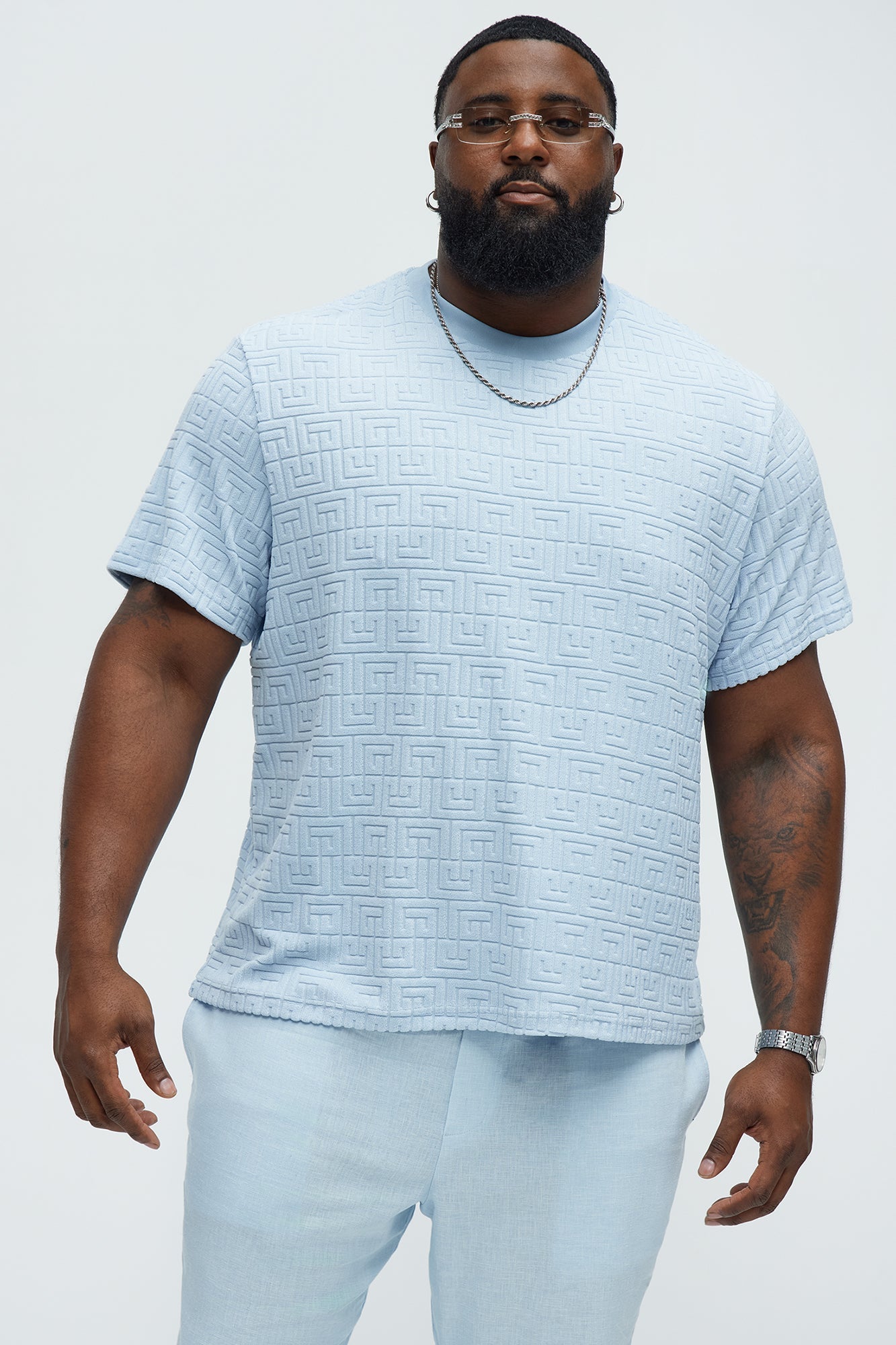 Geo Chenille Knit Crewneck Tee - Blue Fashion Nova